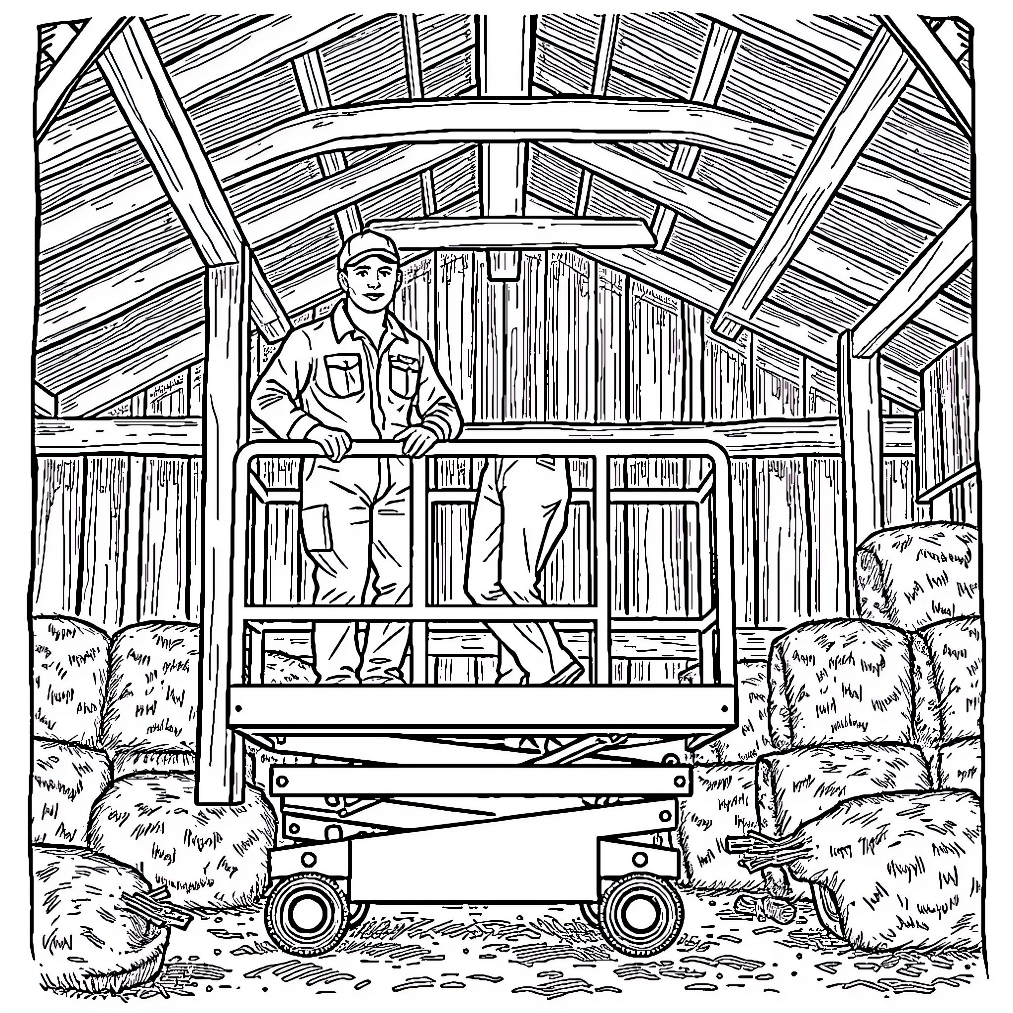Worker in Rustic Cabin with Equipment Coloring Page (free black-and-white line drawing printable PDF for all, from beginners to advanced learners, including children, teens, adults, and seniors)