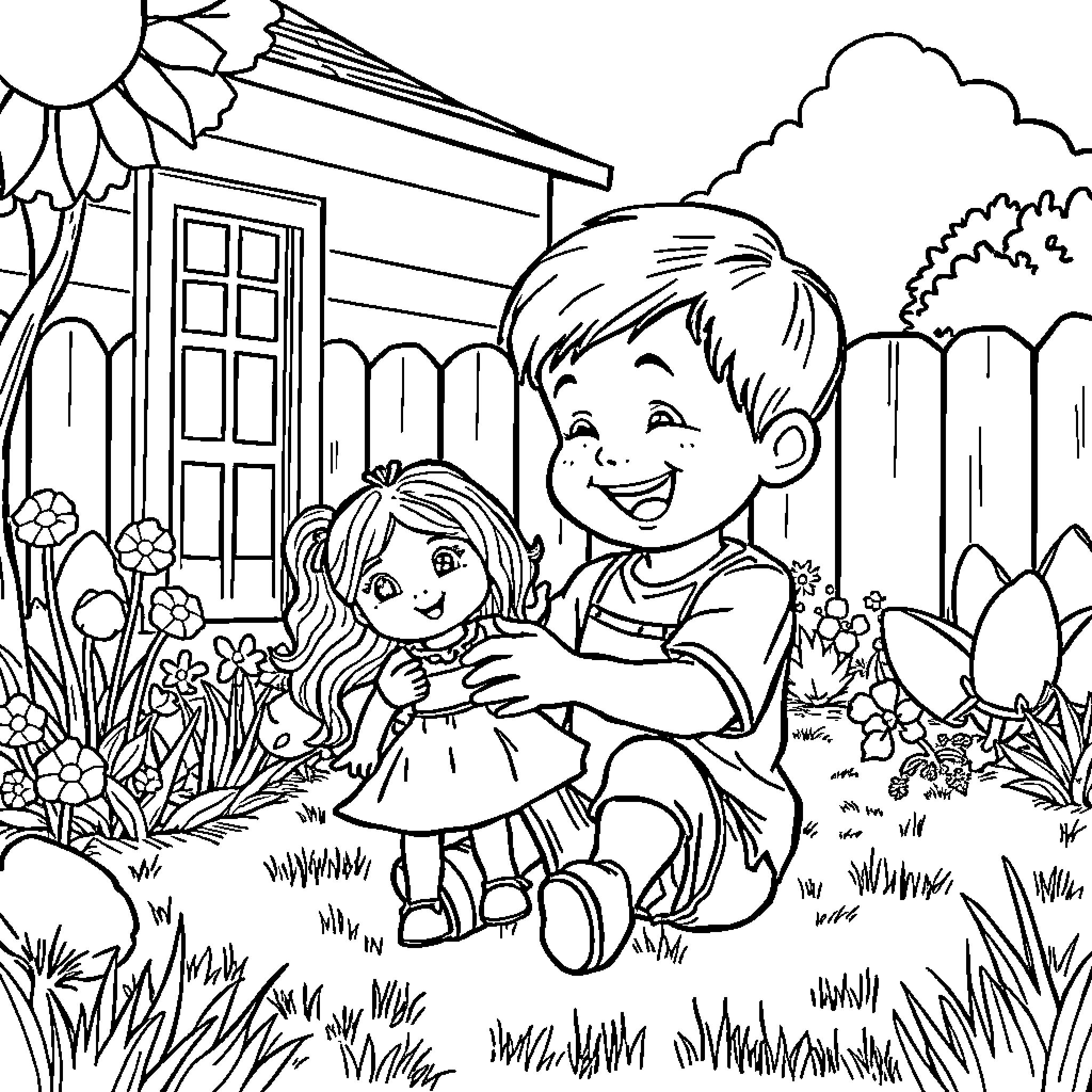 Boy Comforting Friend in Backyard Garden Coloring Page (free black-and-white line drawing printable PDF for all, from beginners to advanced learners, including children, teens, adults, and seniors)