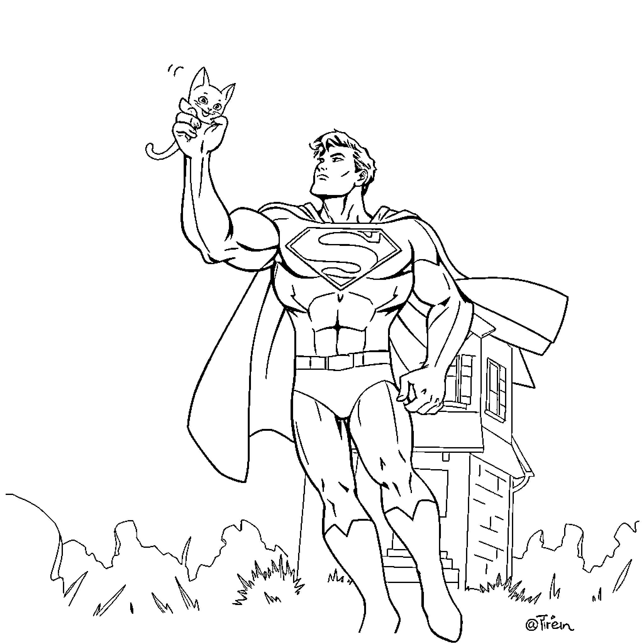 Superman saving the day with a furry sidekick Coloring Page (free black-and-white line drawing printable PDF for all, from beginners to advanced learners, including children, teens, adults, and seniors)