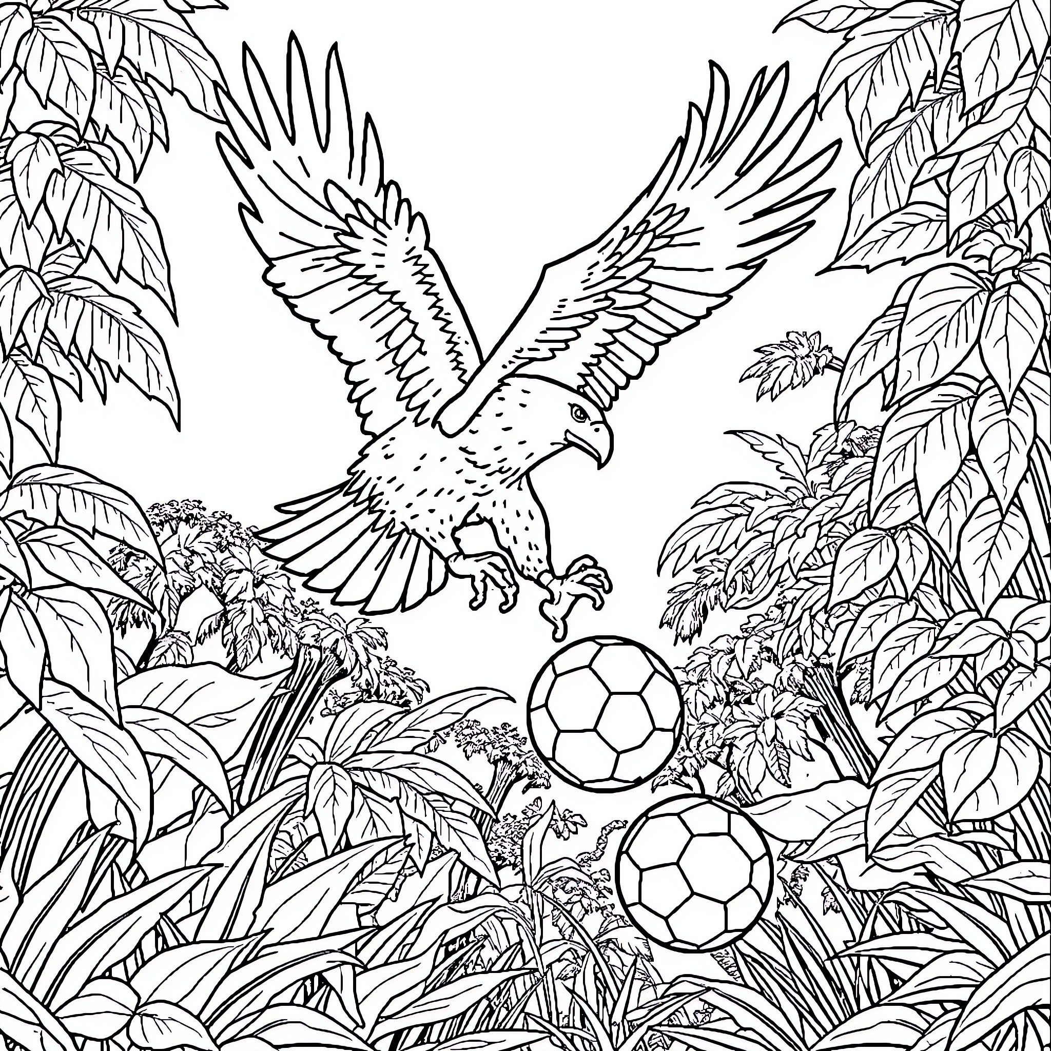 Eagle soaring gracefully among tropical foliage Coloring Page (free black-and-white line drawing printable PDF for all, from beginners to advanced learners, including children, teens, adults, and seniors)