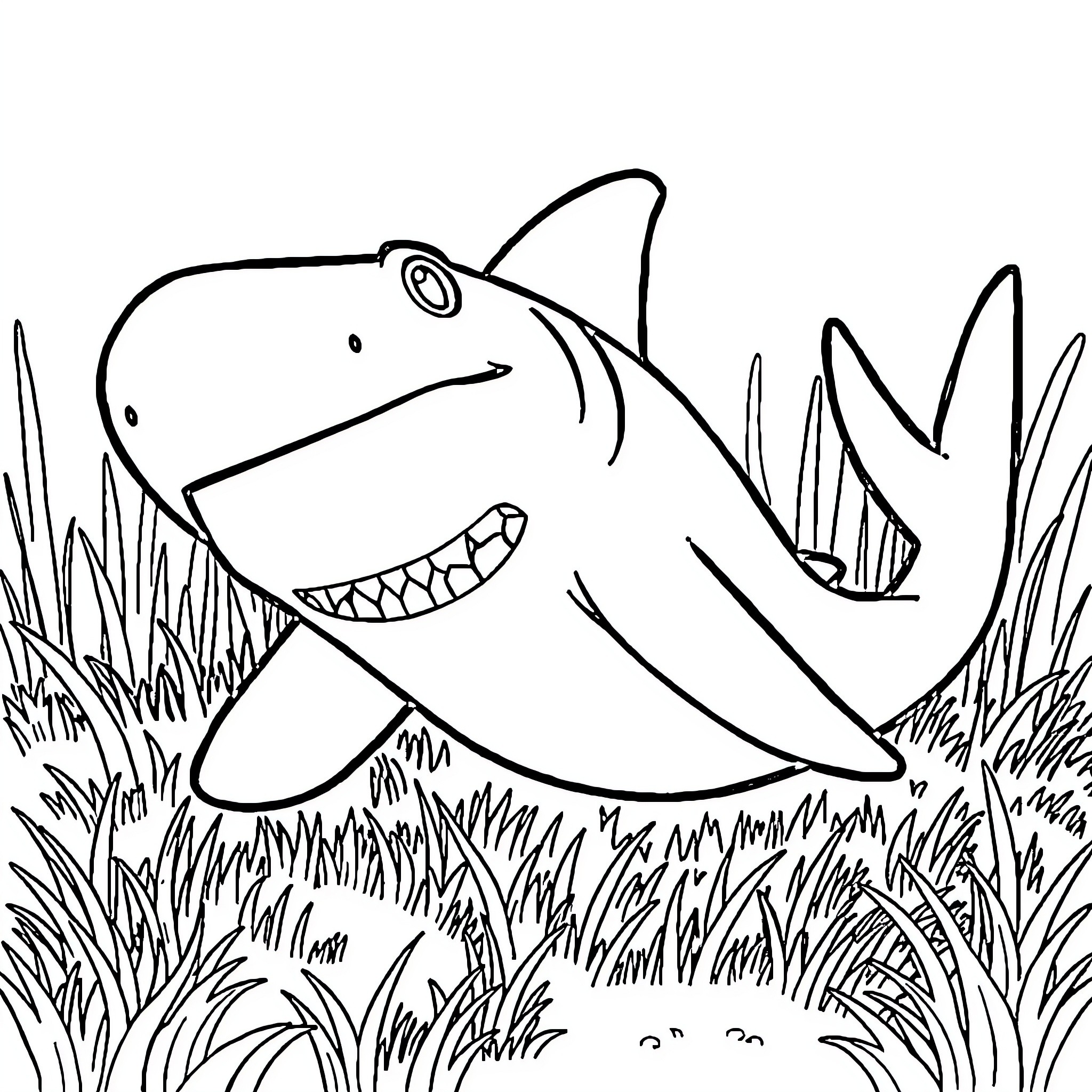 Jeff the Friendly Shark Explores the Grassy Meadow Coloring Page (free black-and-white line drawing printable PDF for all, from beginners to advanced learners, including children, teens, adults, and seniors)