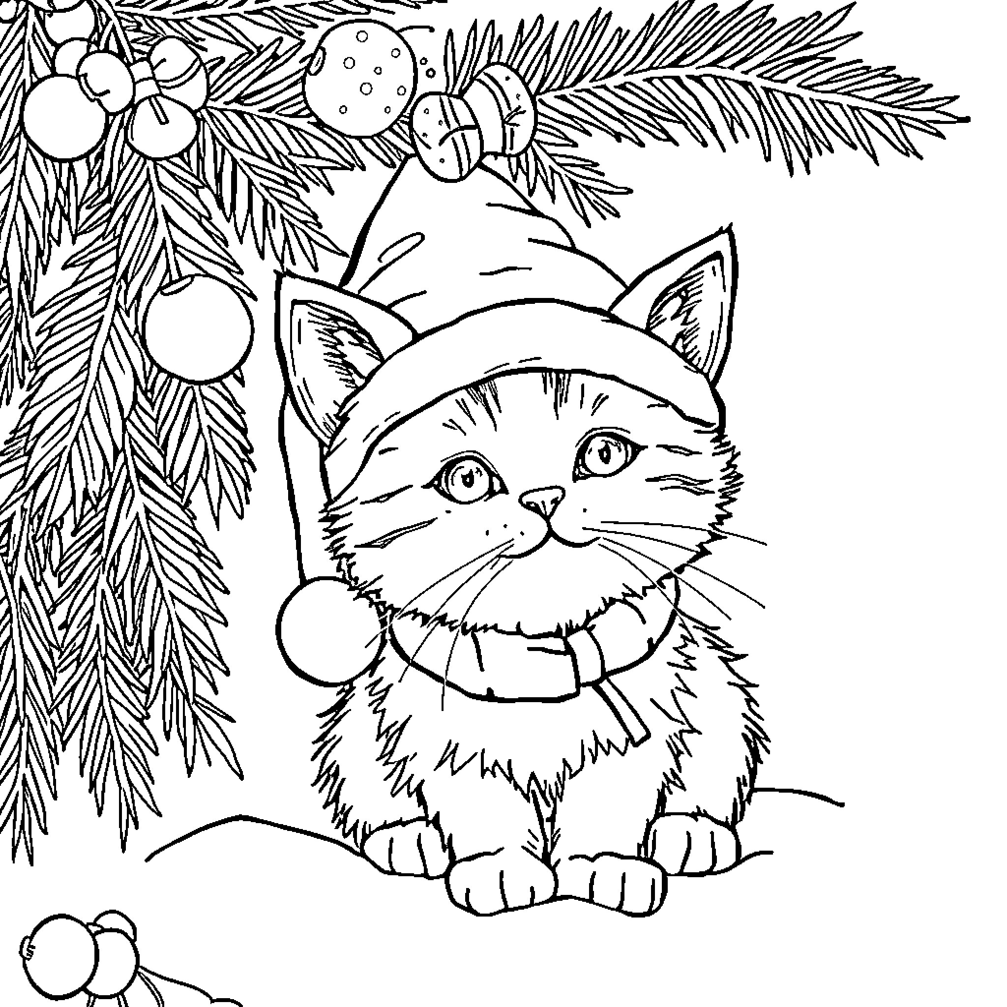 Cat peeking through Christmas tree branches Coloring Page (free black-and-white line drawing printable PDF for all, from beginners to advanced learners, including children, teens, adults, and seniors)