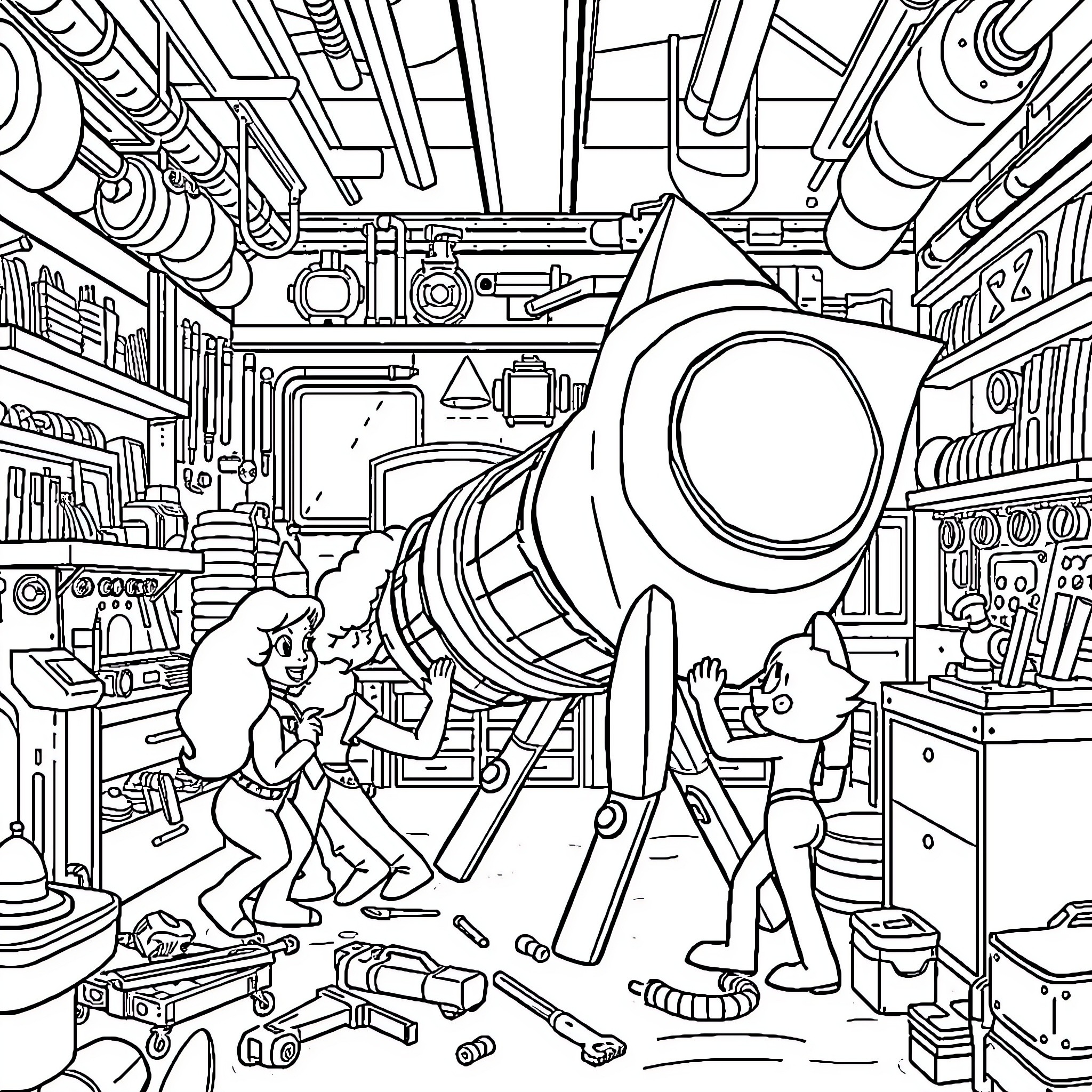 Steven Universe Fixing Machinery in Futuristic Workshop Coloring Page (free black-and-white line drawing printable PDF for all, from beginners to advanced learners, including children, teens, adults, and seniors)