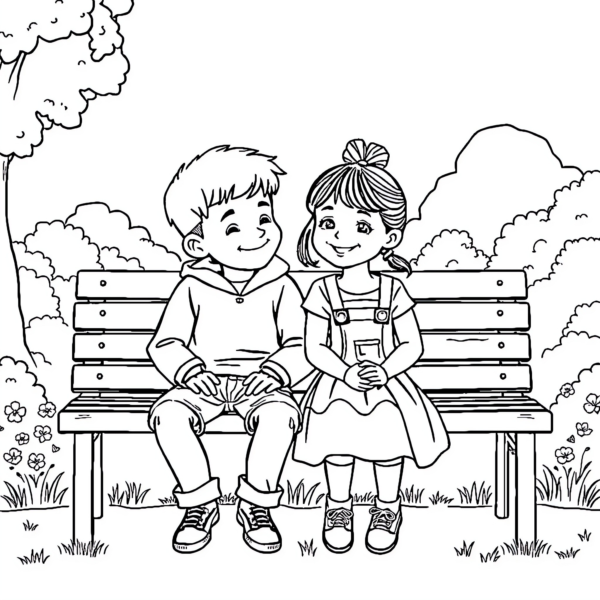 Boy and Girl Sitting on a Bench in the Park Coloring Page (free black-and-white line drawing printable PDF for all, from beginners to advanced learners, including children, teens, adults, and seniors)