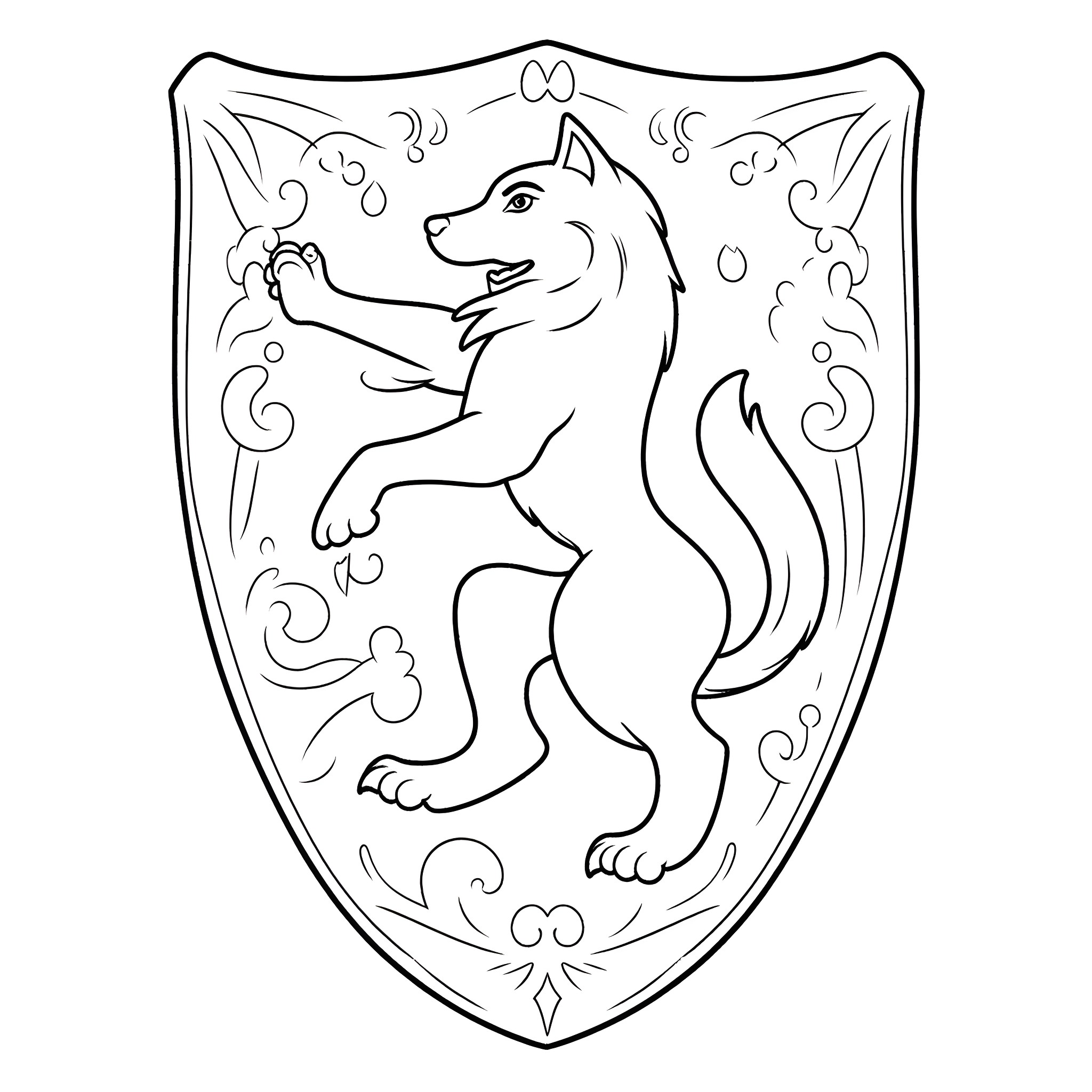 Wolf in a decorative shield Coloring Page (free black-and-white line drawing printable PDF for all, from beginners to advanced learners, including children, teens, adults, and seniors)