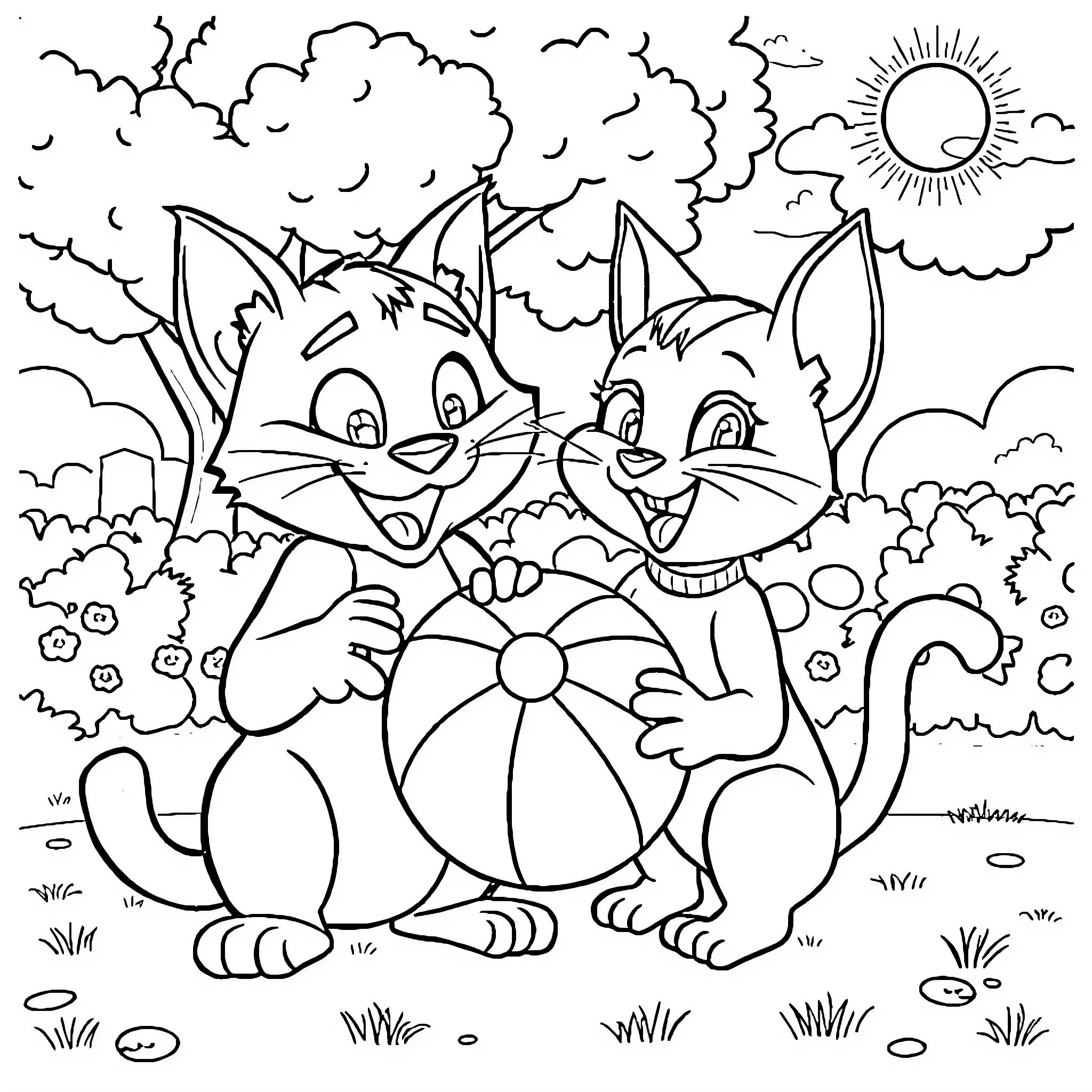 Talking Tom Cats Playing Happily in the Outdoors Coloring Page (free black-and-white line drawing printable PDF for all, from beginners to advanced learners, including children, teens, adults, and seniors)