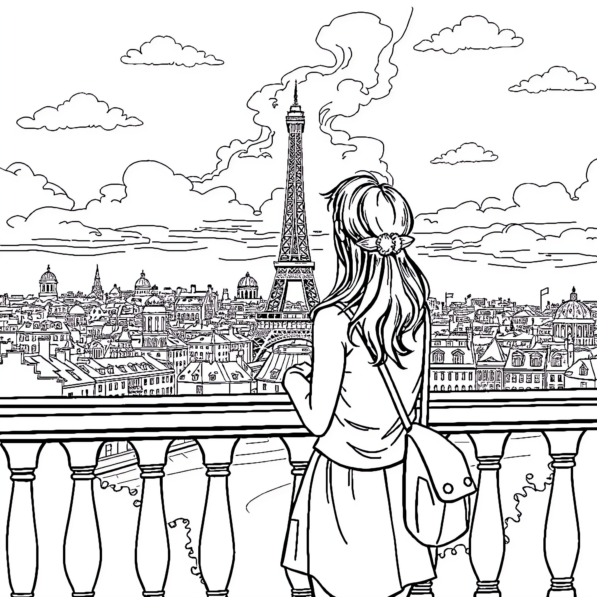 Paris cityscape with lady overlooking the city Coloring Page (free black-and-white line drawing printable PDF for all, from beginners to advanced learners, including children, teens, adults, and seniors)
