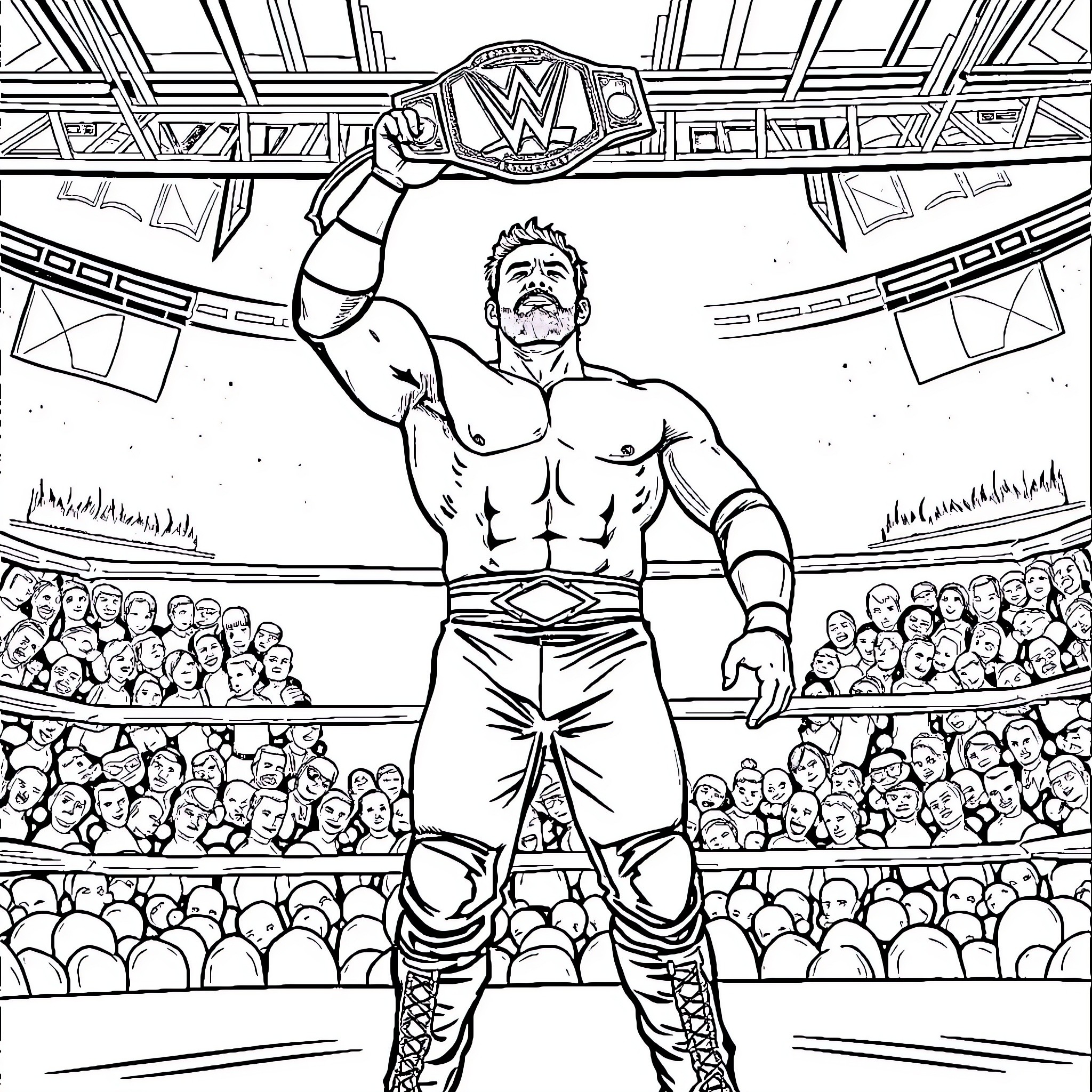 Wrestler triumphs in the arena before the crowd Coloring Page (free black-and-white line drawing printable PDF for all, from beginners to advanced learners, including children, teens, adults, and seniors)