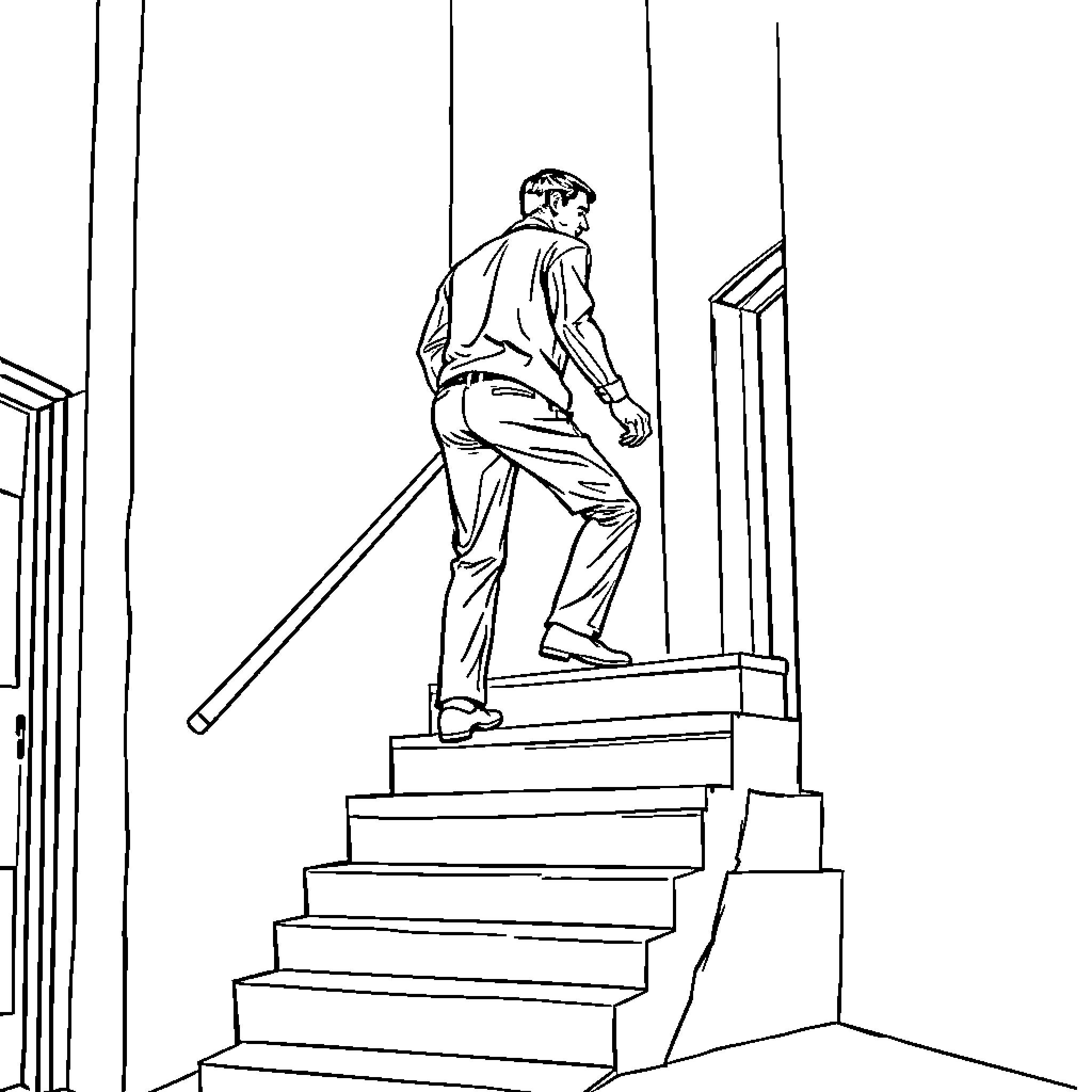 Man climbing up the stairs with determination Coloring Page (free black-and-white line drawing printable PDF for all, from beginners to advanced learners, including children, teens, adults, and seniors)