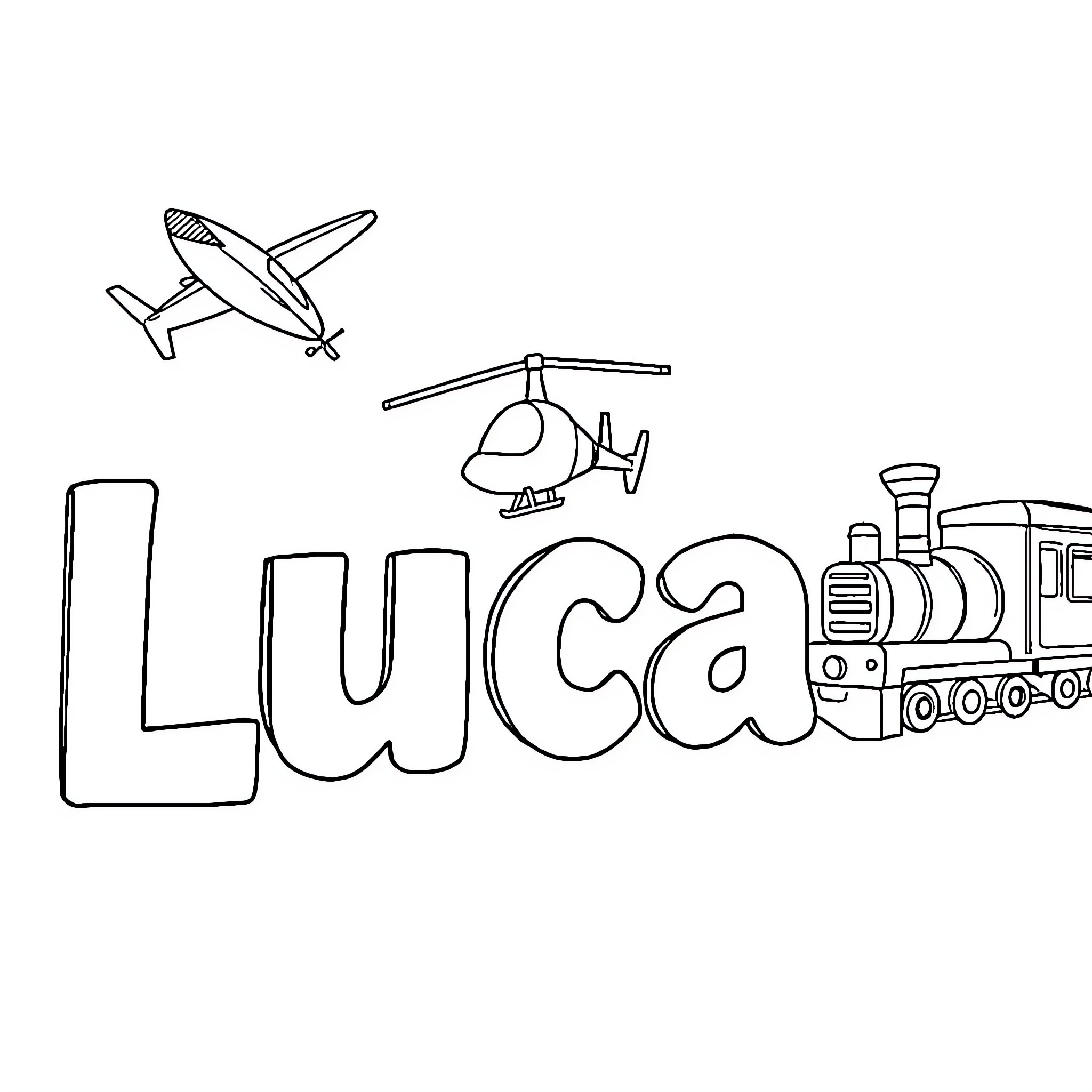 Transportation vehicles and toys in cartoon style Coloring Page (free black-and-white line drawing printable PDF for all, from beginners to advanced learners, including children, teens, adults, and seniors)