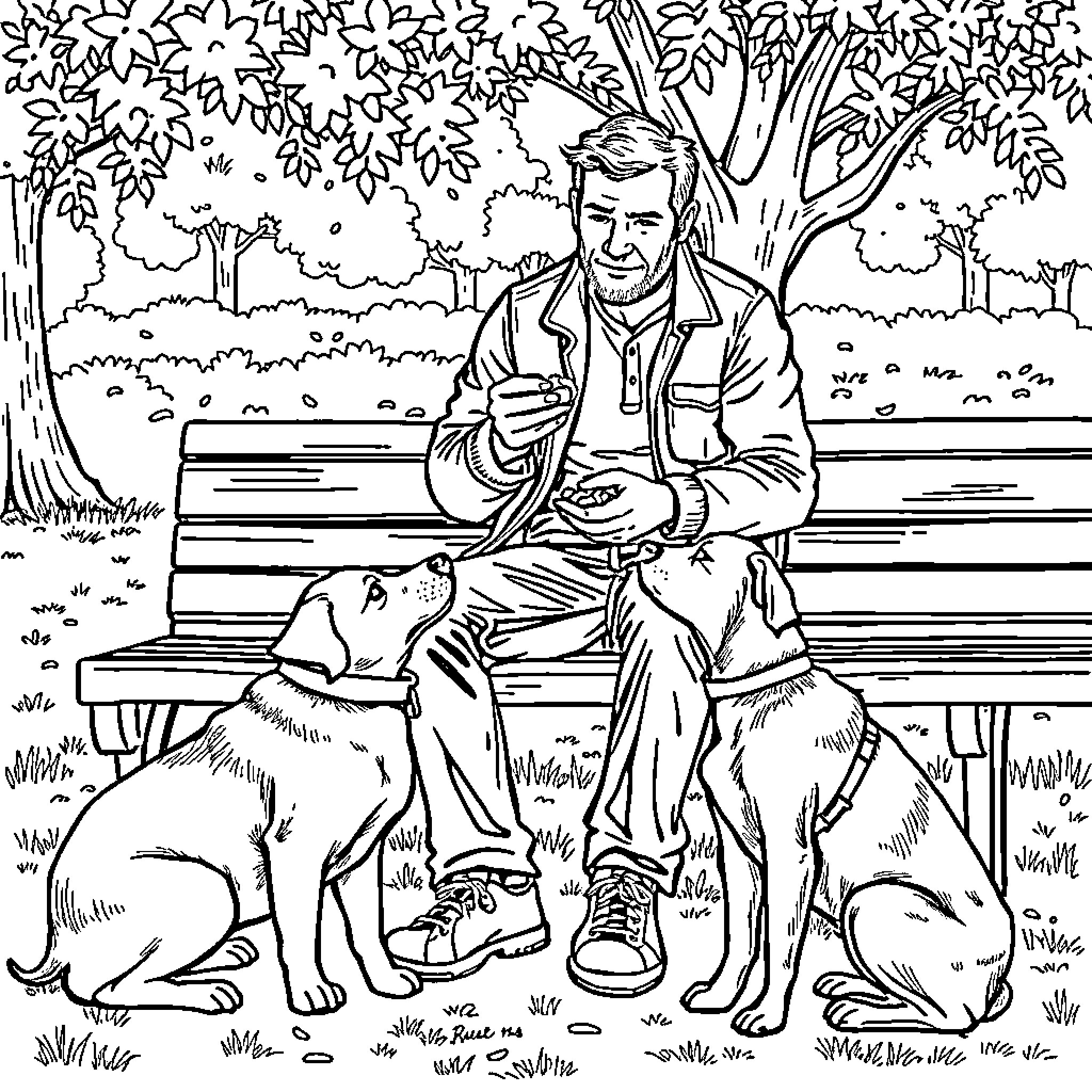 Guy sitting on a bench with his dog in the park Coloring Page (free black-and-white line drawing printable PDF for all, from beginners to advanced learners, including children, teens, adults, and seniors)