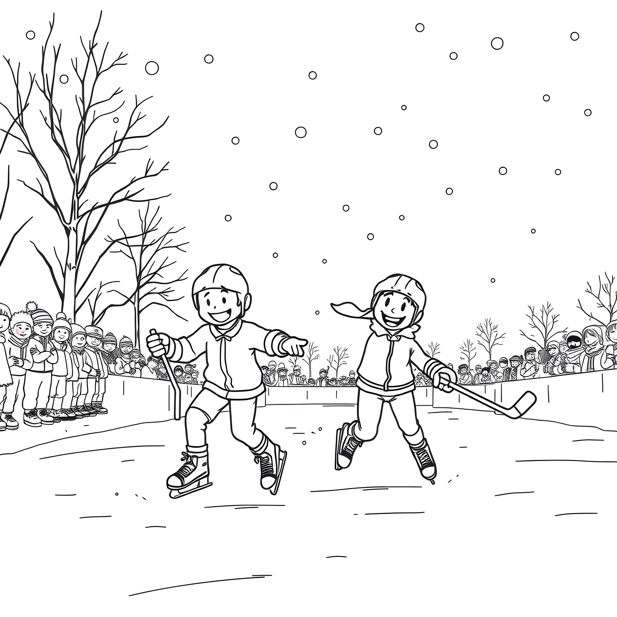 Craig and Friends Ice Skating on a Snowy Day Coloring Page (free black-and-white line drawing printable PDF for all, from beginners to advanced learners, including children, teens, adults, and seniors)