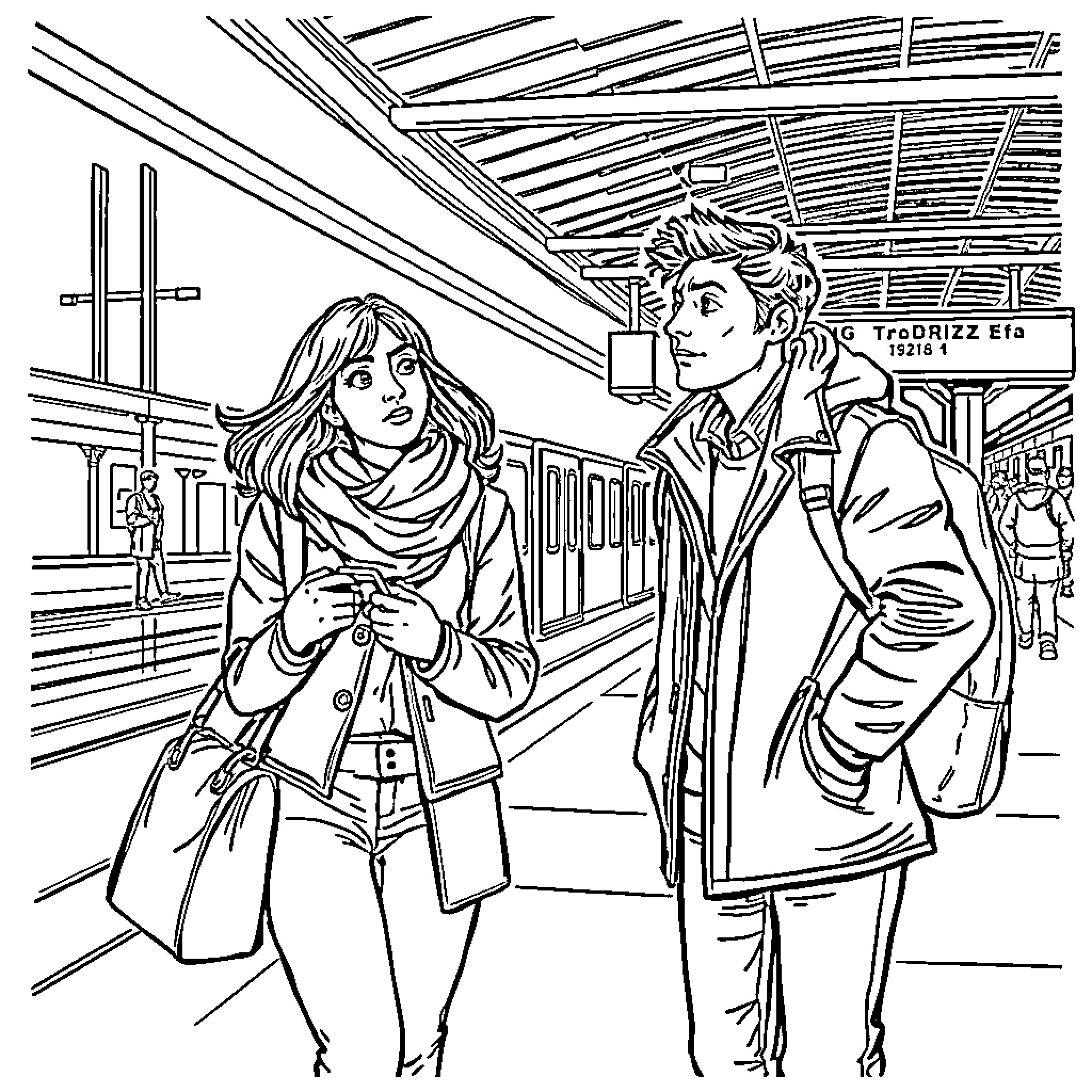 Étudiants attendant le train dans la gare Coloring Page (free black-and-white line drawing printable PDF for all, from beginners to advanced learners, including children, teens, adults, and seniors)