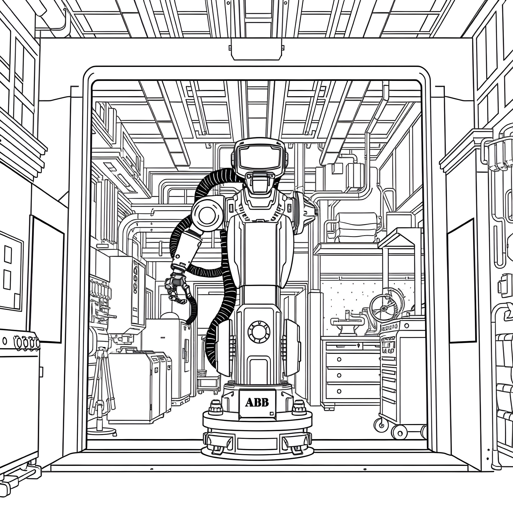 Robot standing in a futuristic workshop Coloring Page (free black-and-white line drawing printable PDF for all, from beginners to advanced learners, including children, teens, adults, and seniors)