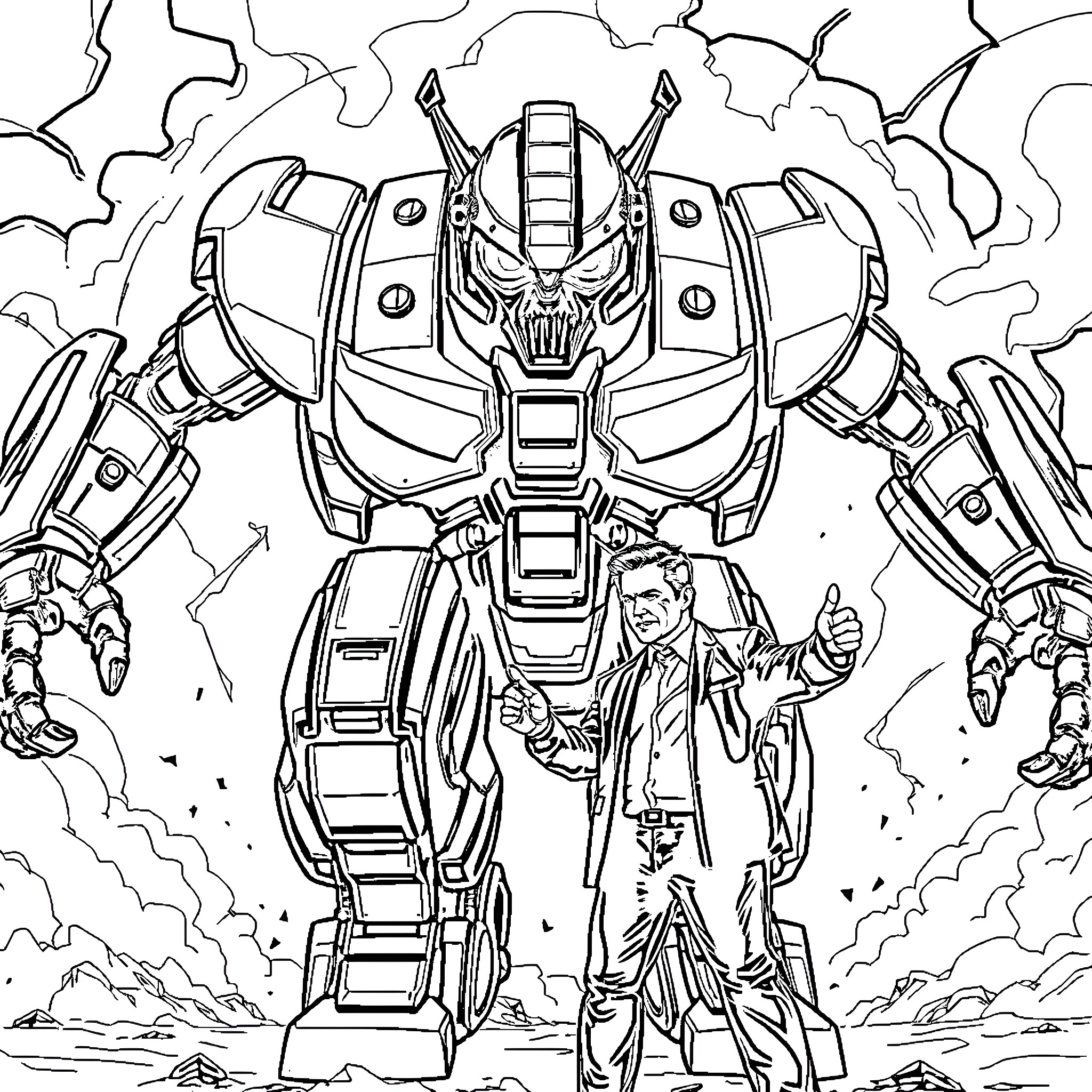 Robot hero protecting a helpless civilian Coloring Page (free black-and-white line drawing printable PDF for all, from beginners to advanced learners, including children, teens, adults, and seniors)