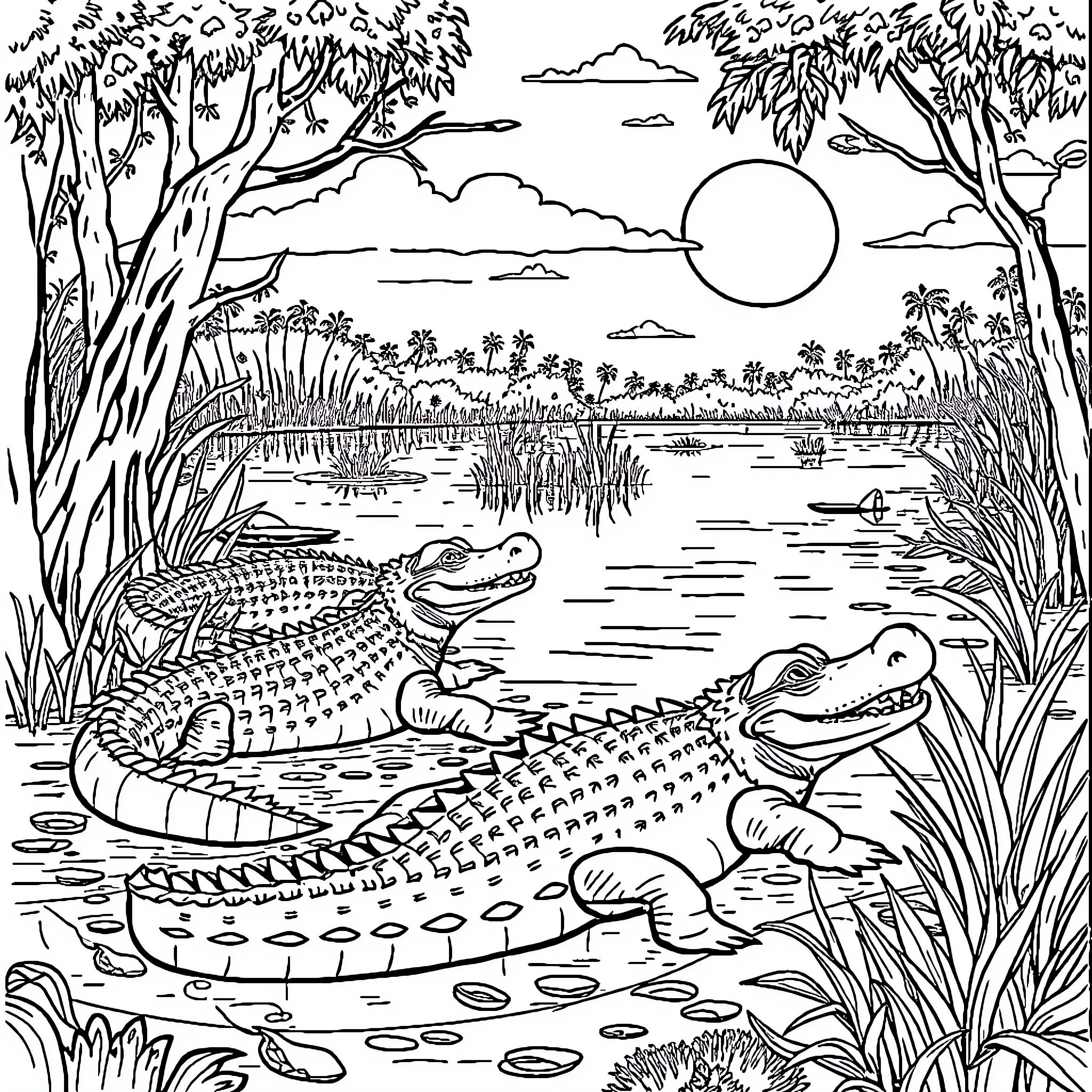 Gator resting peacefully in the swampy marshlands Coloring Page (free black-and-white line drawing printable PDF for all, from beginners to advanced learners, including children, teens, adults, and seniors)