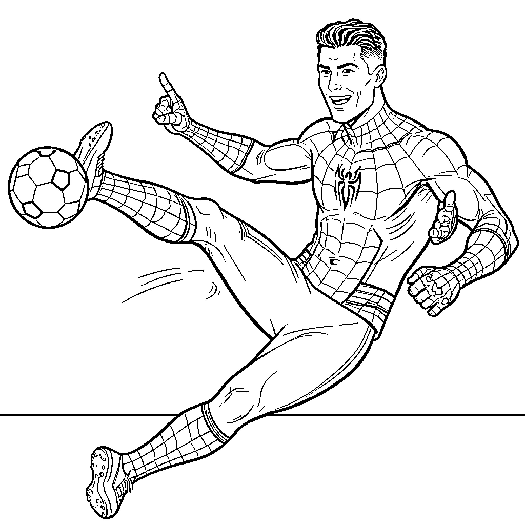 Spiderman kicking a soccer ball with a smile Coloring Page (free black-and-white line drawing printable PDF for all, from beginners to advanced learners, including children, teens, adults, and seniors)