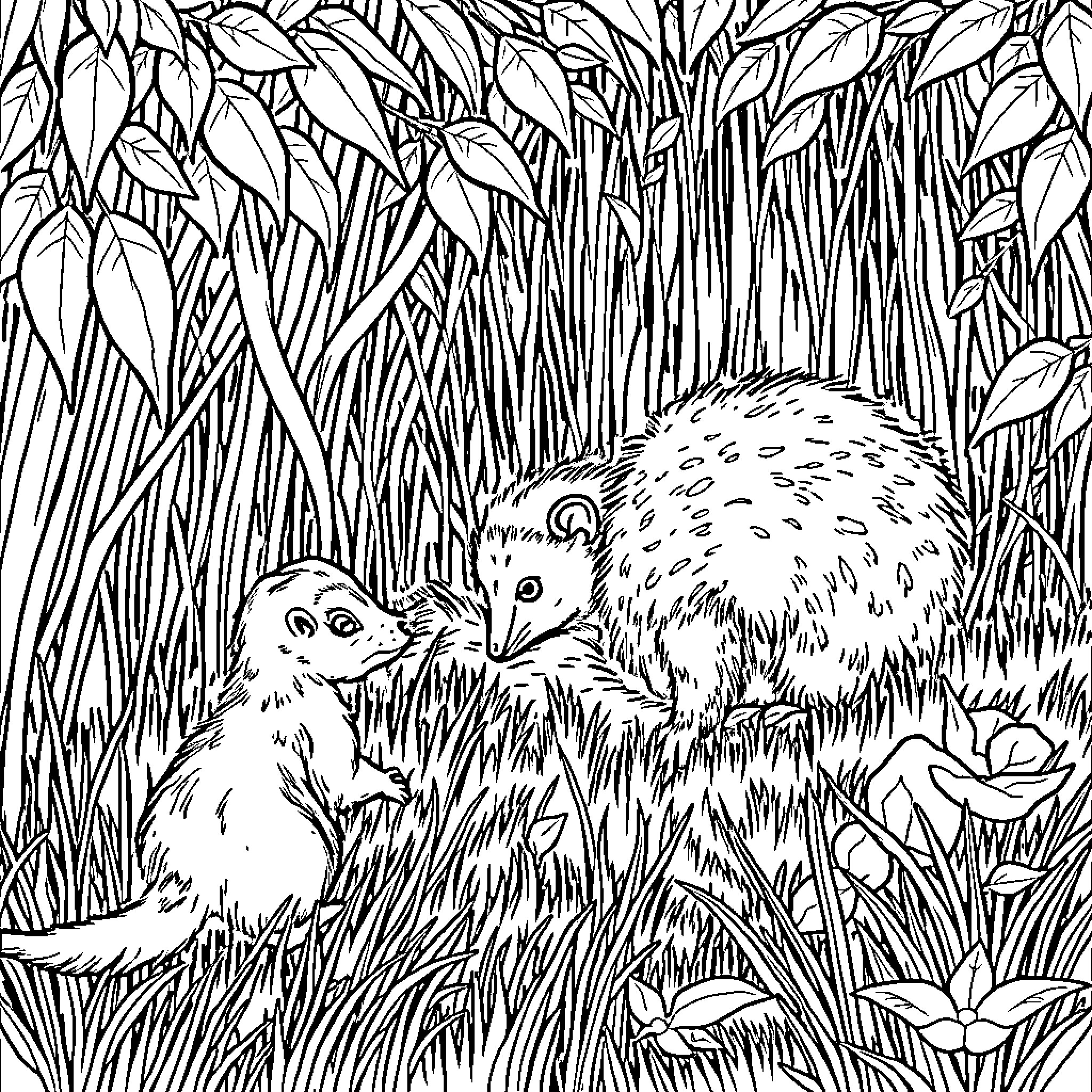 Stoat encountering its young in tall grass Coloring Page (free black-and-white line drawing printable PDF for all, from beginners to advanced learners, including children, teens, adults, and seniors)