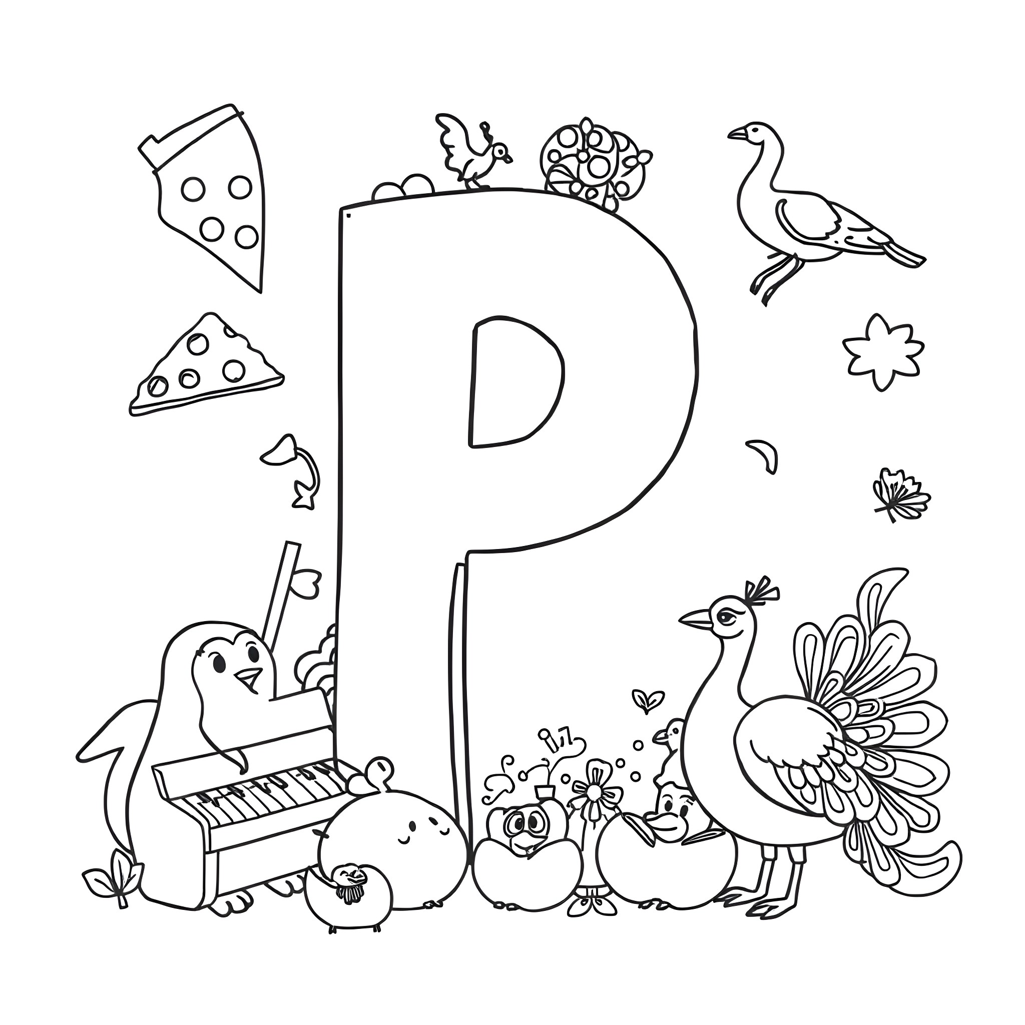 Letter P - Playful animals and music instruments Coloring Page (free black-and-white line drawing printable PDF for all, from beginners to advanced learners, including children, teens, adults, and seniors)