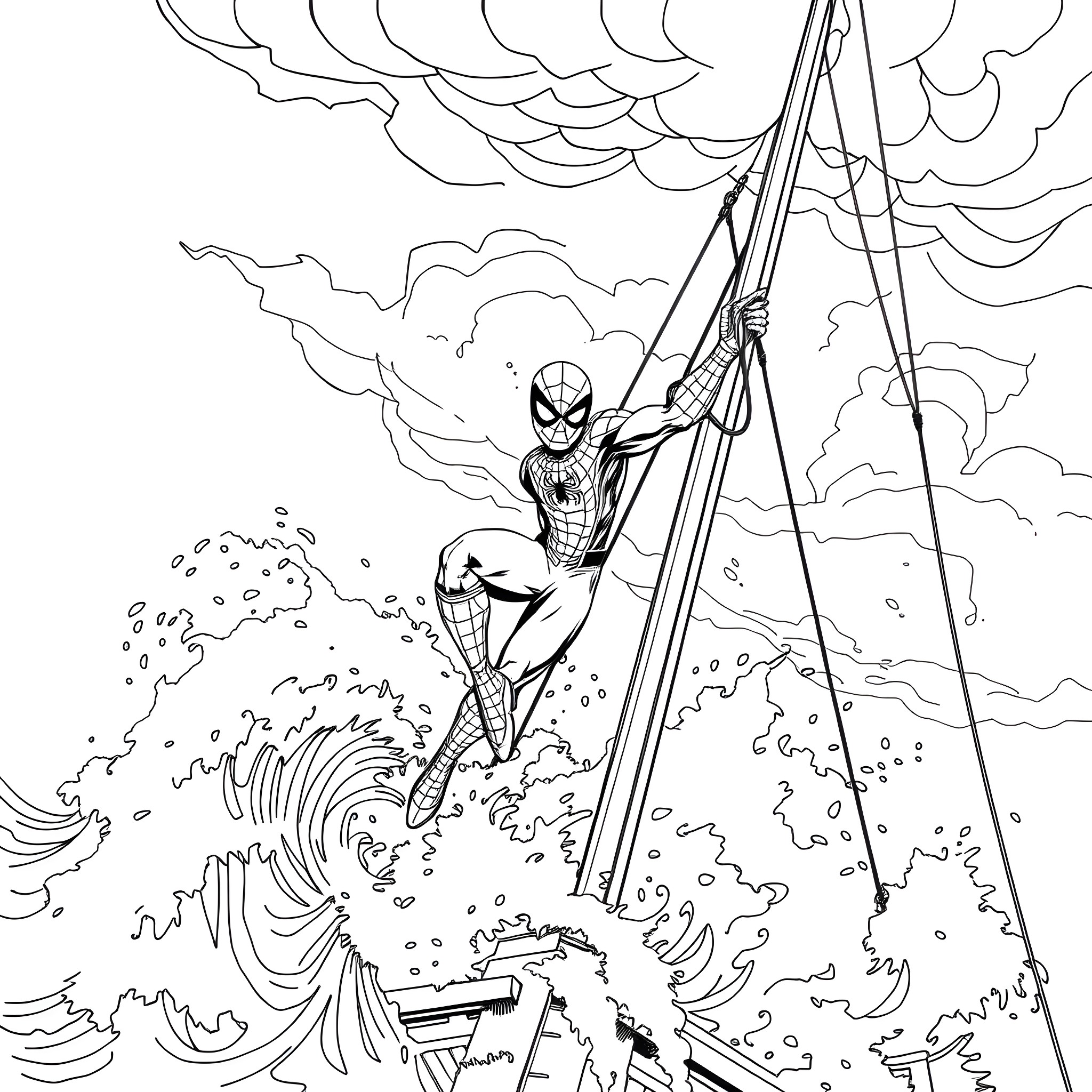 Spiderman swinging through the city during a storm Coloring Page (free black-and-white line drawing printable PDF for all, from beginners to advanced learners, including children, teens, adults, and seniors)