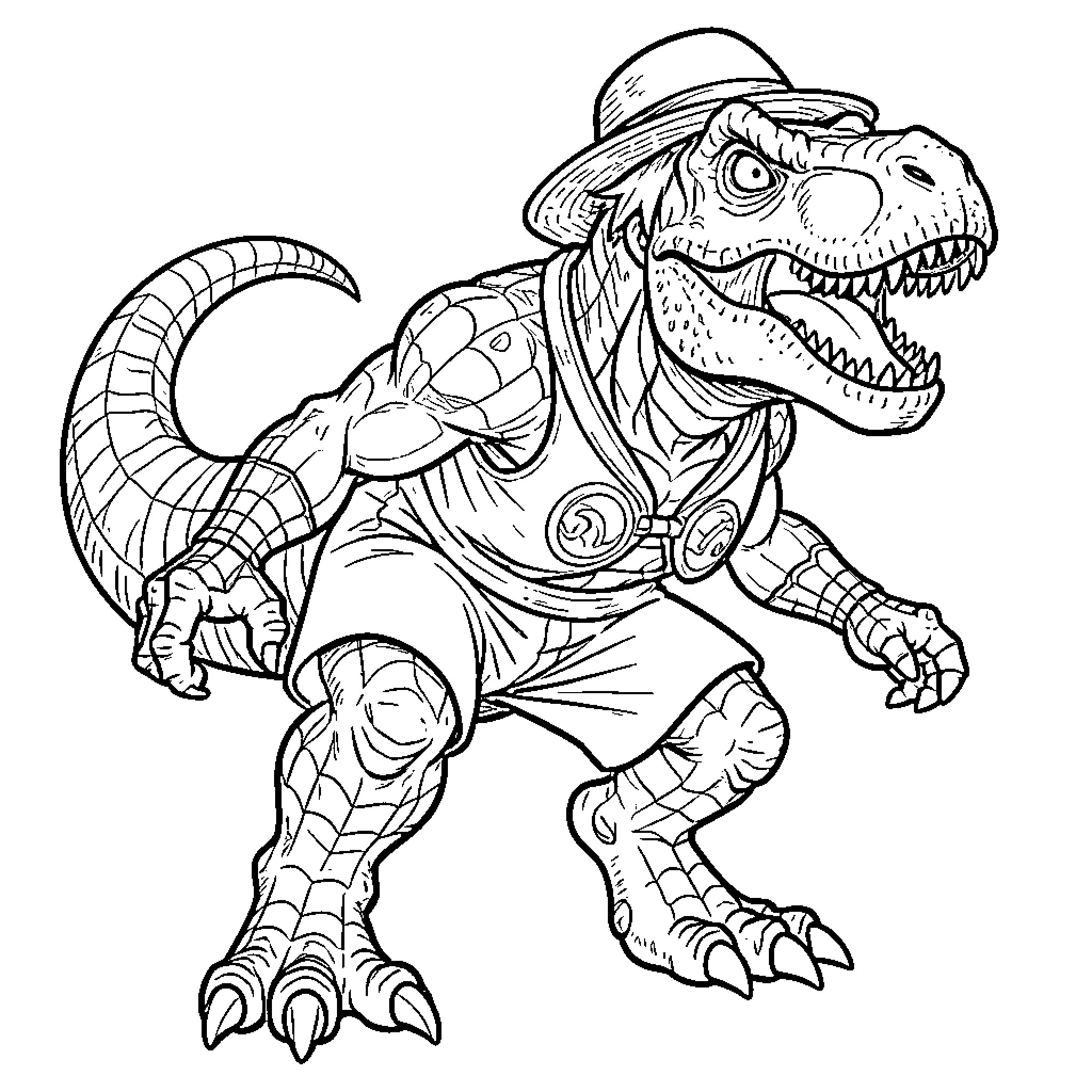 Luffy dressed as a dinosaur walking confidently Coloring Page (free black-and-white line drawing printable PDF for all, from beginners to advanced learners, including children, teens, adults, and seniors)