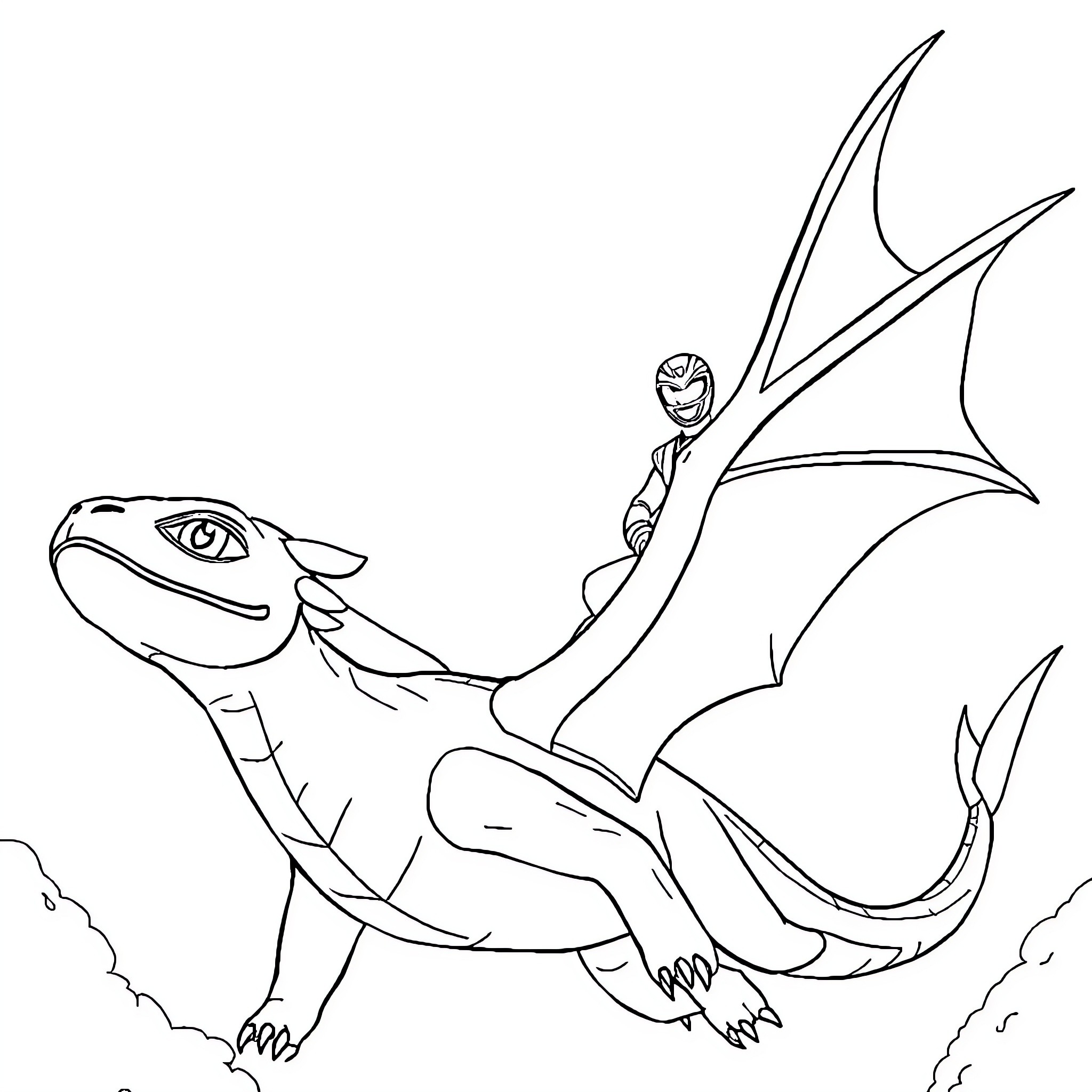Power Ranger flying on a fierce dragon Coloring Page (free black-and-white line drawing printable PDF for all, from beginners to advanced learners, including children, teens, adults, and seniors)