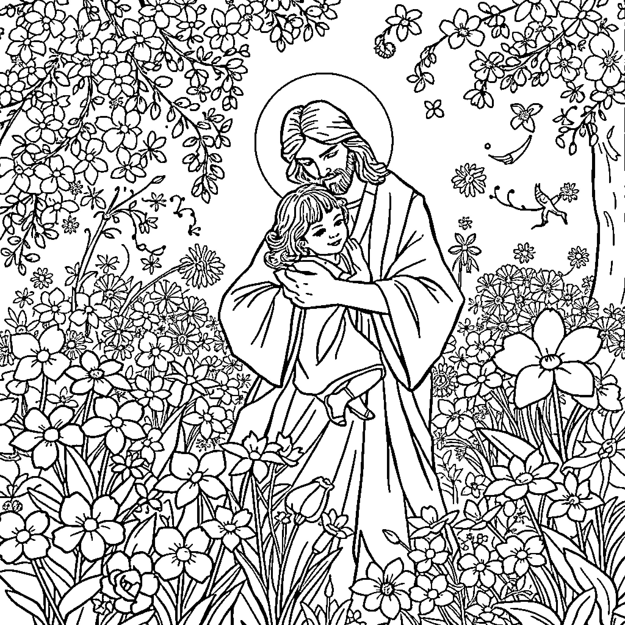 Jesus embracing a child in a floral garden Coloring Page (free black-and-white line drawing printable PDF for all, from beginners to advanced learners, including children, teens, adults, and seniors)