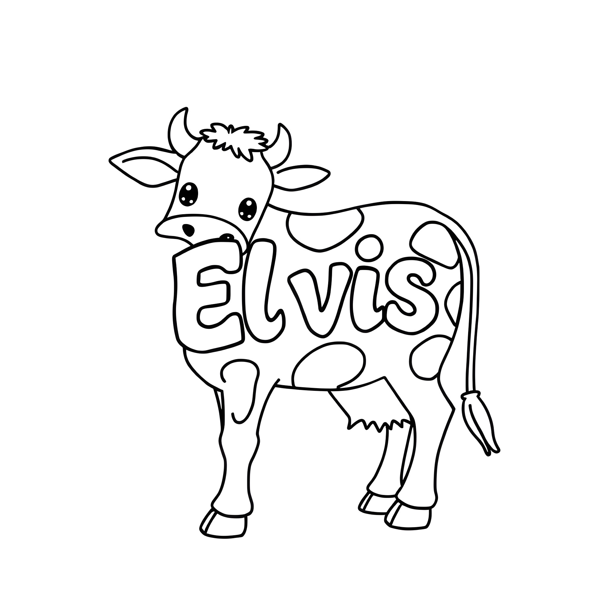 Cow with name Elvis Coloring Page (free black-and-white line drawing printable PDF for all, from beginners to advanced learners, including children, teens, adults, and seniors)