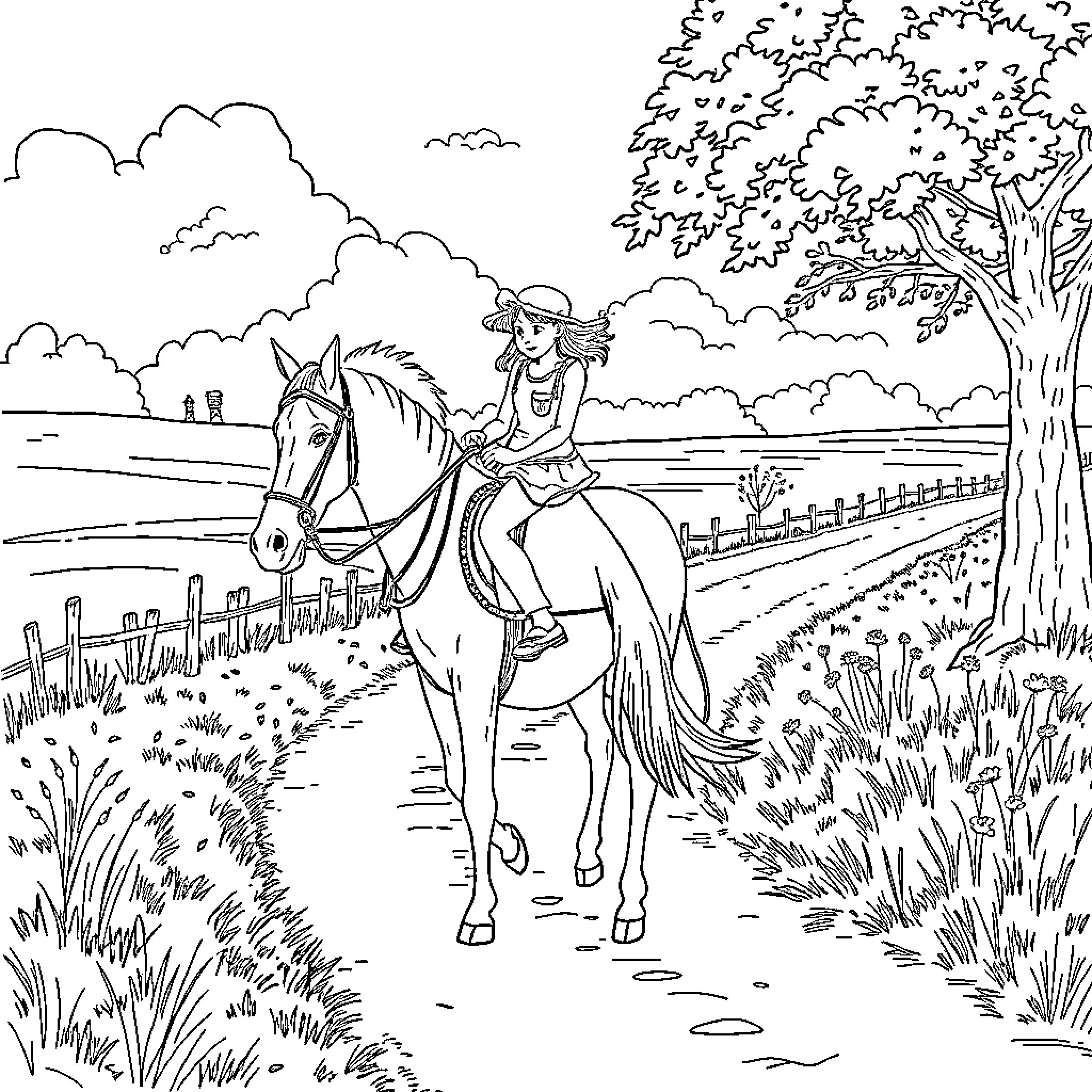 Horse rider on a trail in the countryside Coloring Page (free black-and-white line drawing printable PDF for all, from beginners to advanced learners, including children, teens, adults, and seniors)