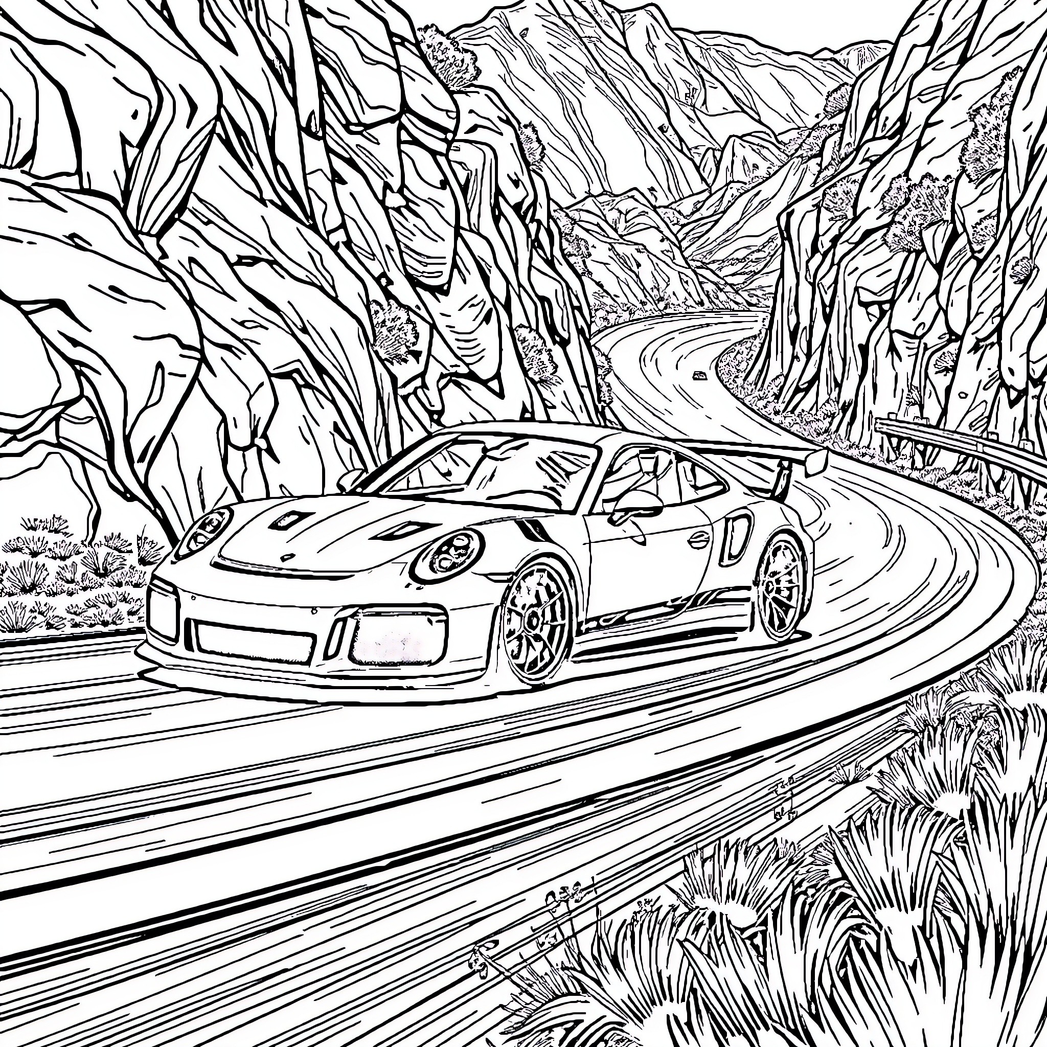 Porsche racing through the mountainous landscape Coloring Page (free black-and-white line drawing printable PDF for all, from beginners to advanced learners, including children, teens, adults, and seniors)