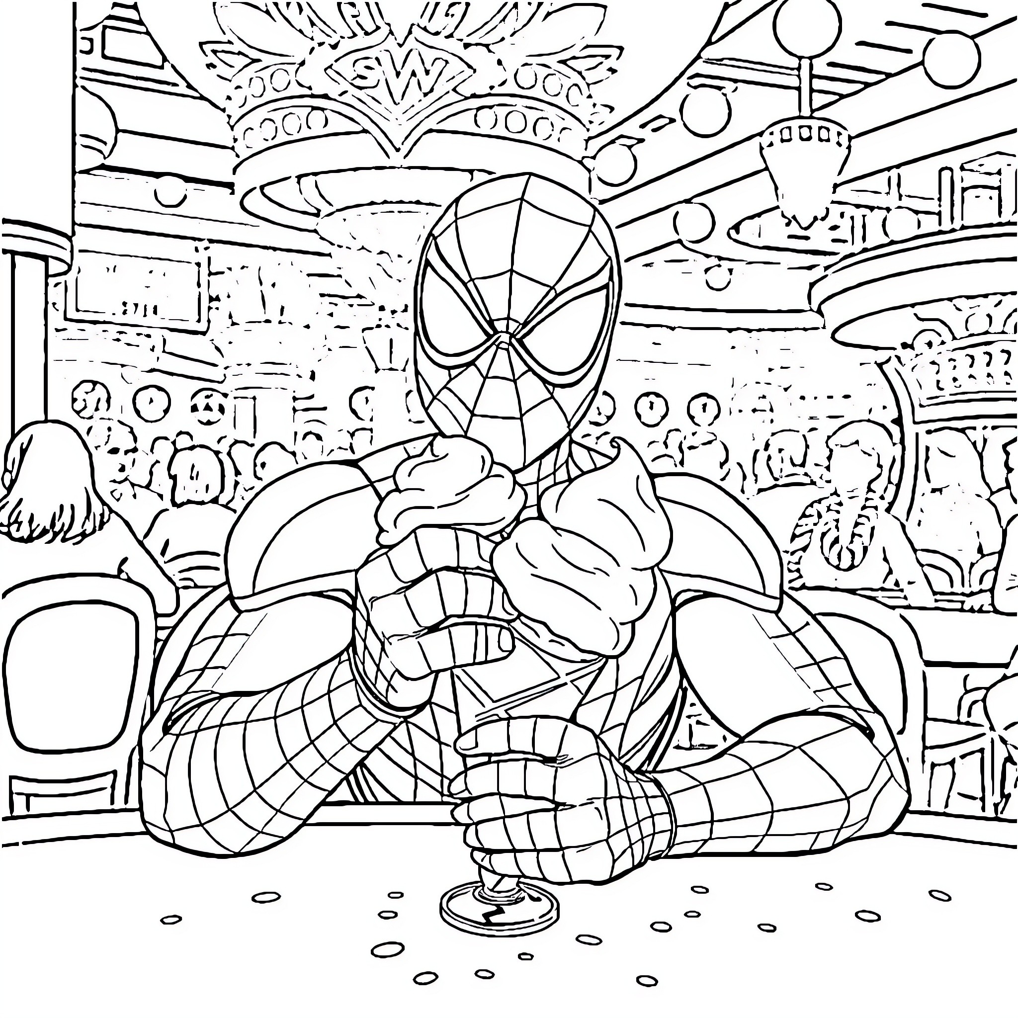 Spiderman in Action-Packed Superhero Scene Coloring Page (free black-and-white line drawing printable PDF for all, from beginners to advanced learners, including children, teens, adults, and seniors)