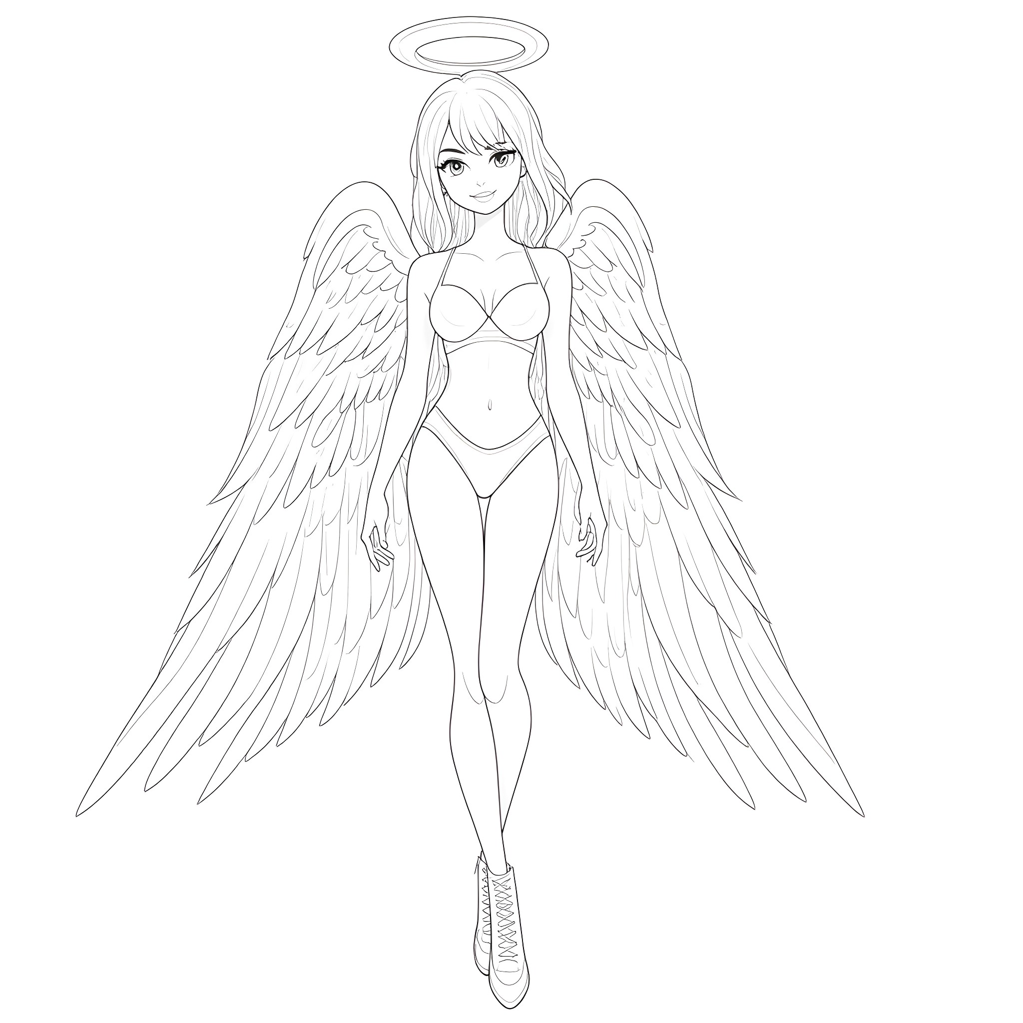 Romi Rain: Angelic figure with wings and halo Coloring Page (free black-and-white line drawing printable PDF for all, from beginners to advanced learners, including children, teens, adults, and seniors)