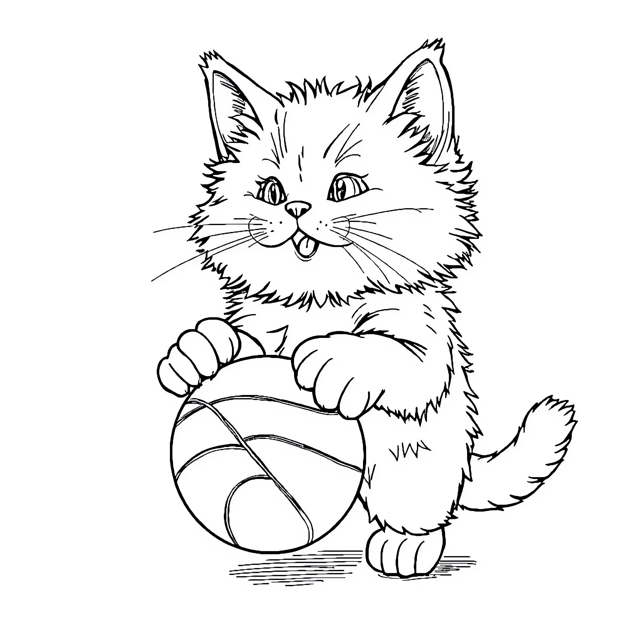 Cat playing with basketball on floor Coloring Page (free black-and-white line drawing printable PDF for all, from beginners to advanced learners, including children, teens, adults, and seniors)