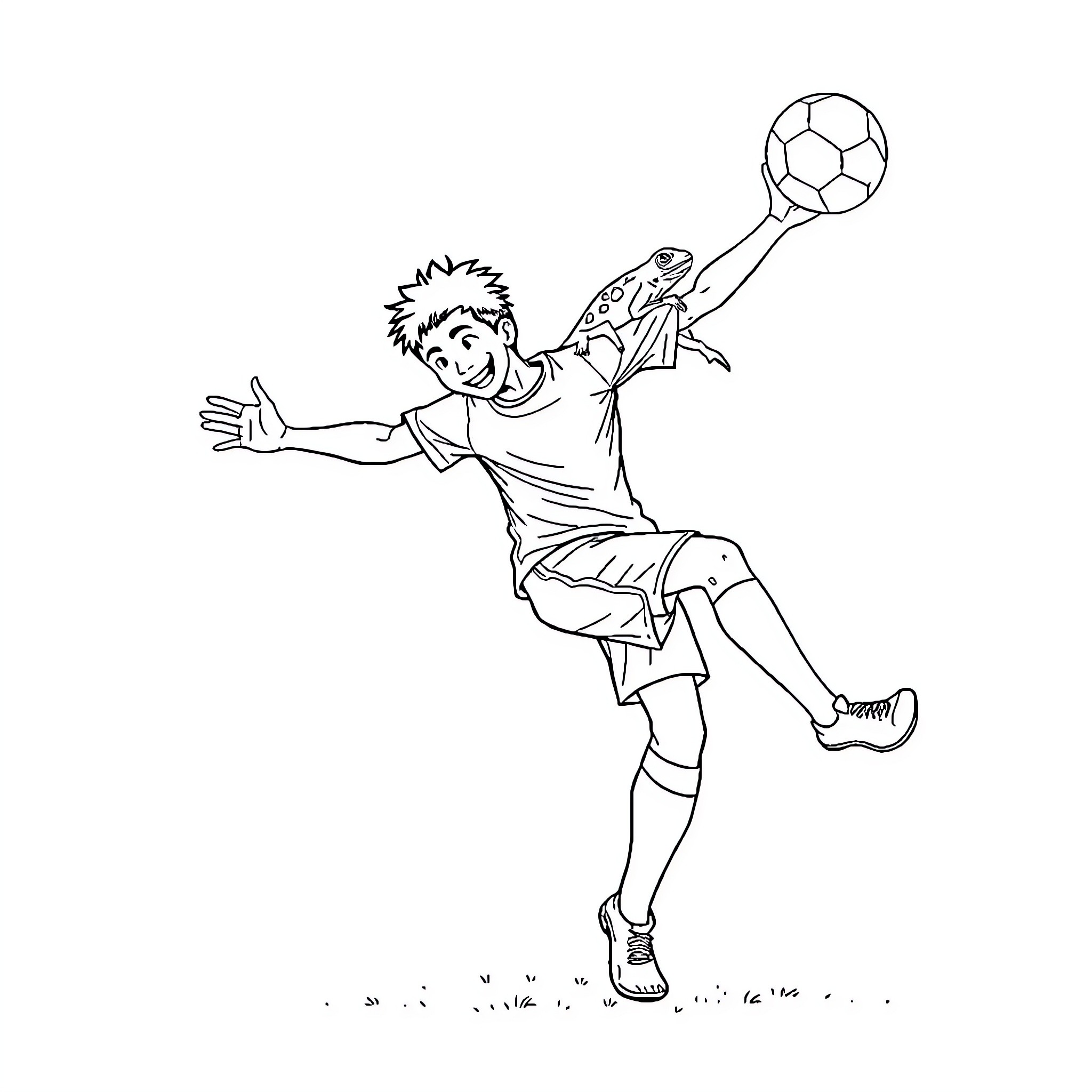 Soccer Player Leaping to Catch the Ball Coloring Page (free black-and-white line drawing printable PDF for all, from beginners to advanced learners, including children, teens, adults, and seniors)