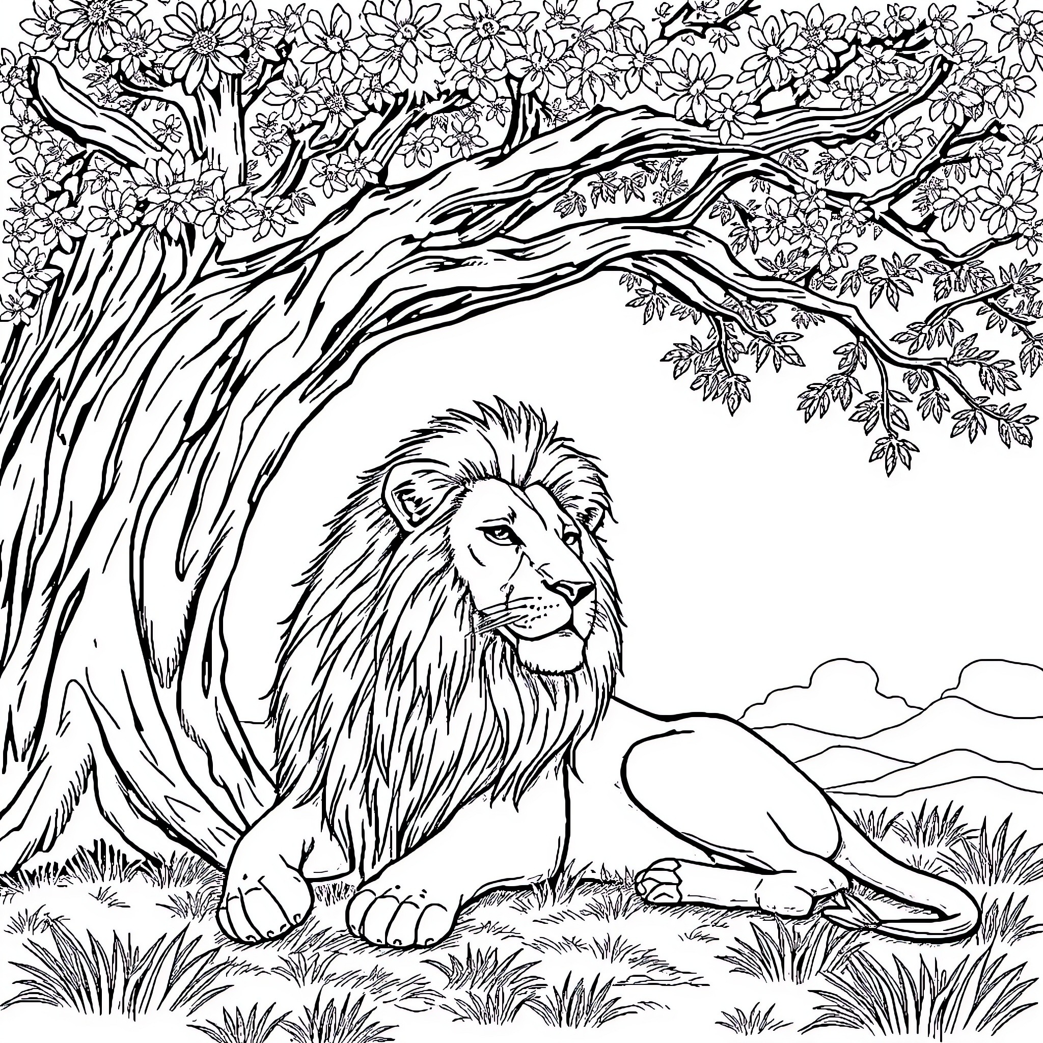 Lion resting under a blossoming tree Coloring Page (free black-and-white line drawing printable PDF for all, from beginners to advanced learners, including children, teens, adults, and seniors)