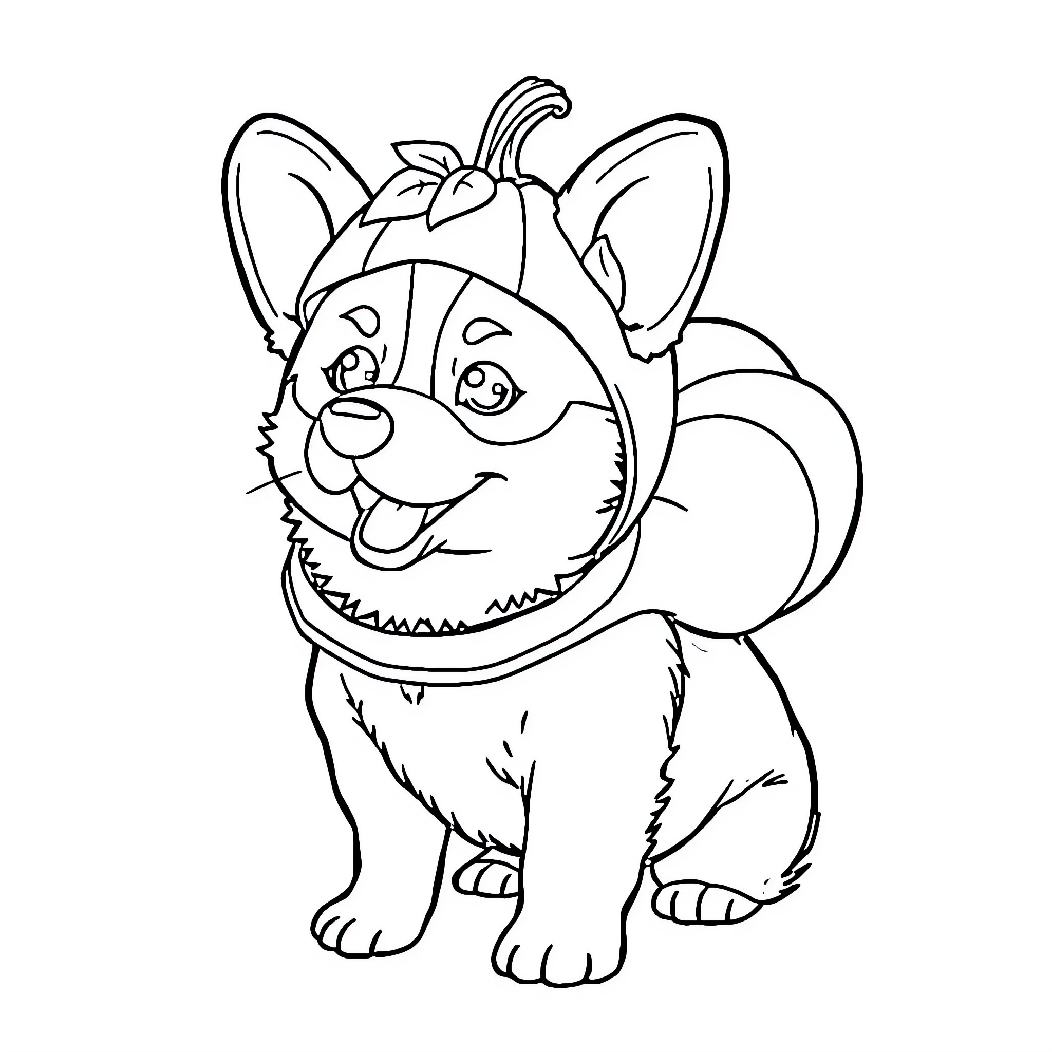 Corgi wearing a pumpkin hat Coloring Page (free black-and-white line drawing printable PDF for all, from beginners to advanced learners, including children, teens, adults, and seniors)