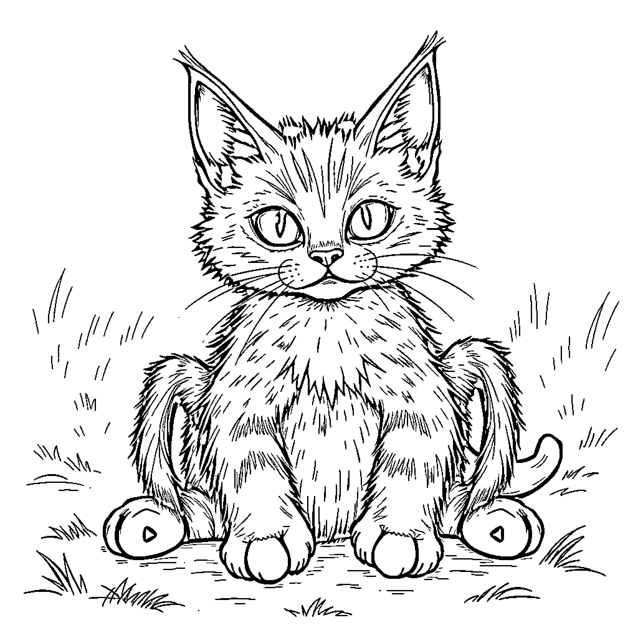 Cat sitting in tall grass Coloring Page (free black-and-white line drawing printable PDF for all, from beginners to advanced learners, including children, teens, adults, and seniors)