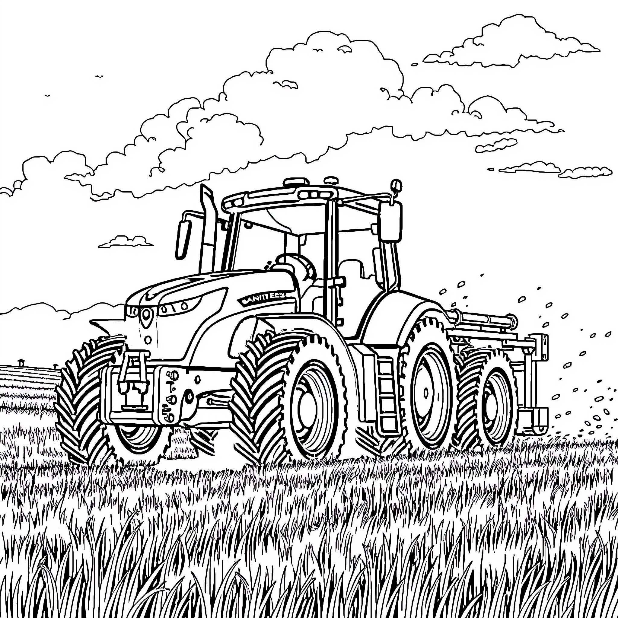 Tractor plowing through a grassy field Coloring Page (free black-and-white line drawing printable PDF for all, from beginners to advanced learners, including children, teens, adults, and seniors)