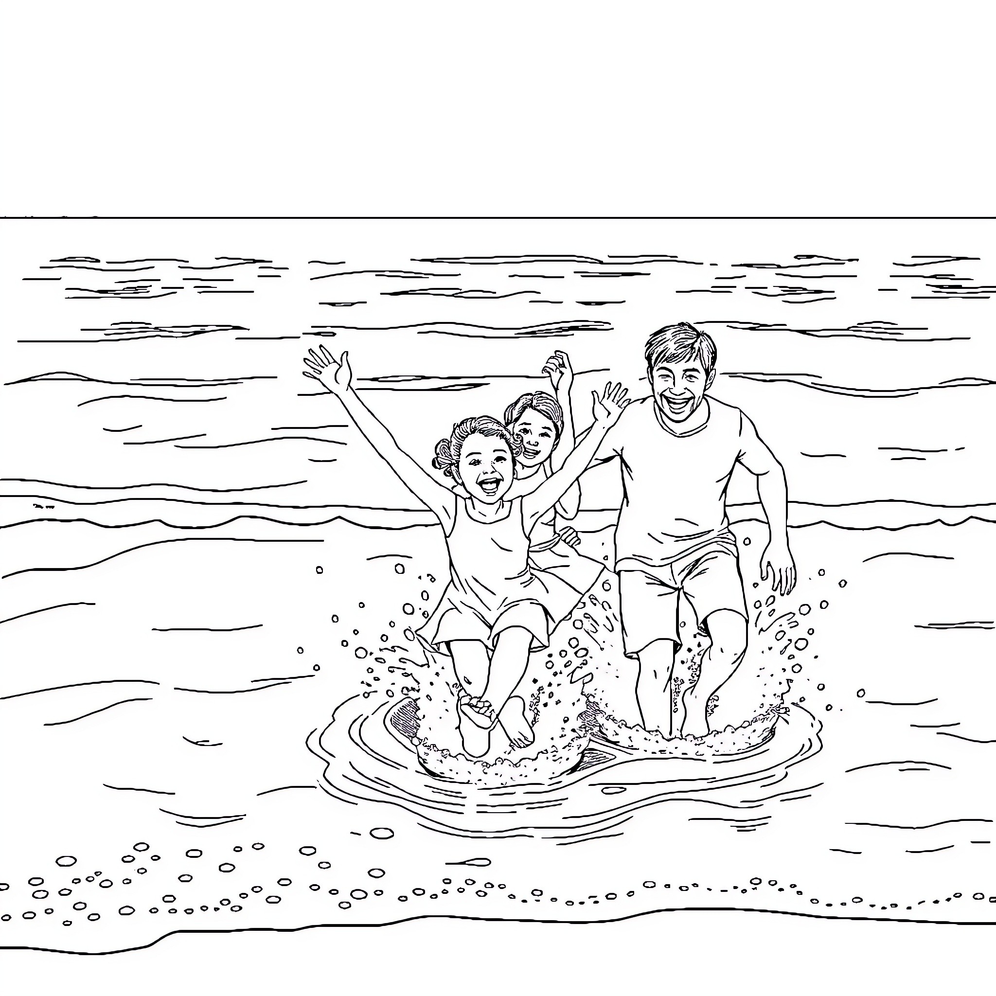 Family splashing and playing in the ocean Coloring Page (free black-and-white line drawing printable PDF for all, from beginners to advanced learners, including children, teens, adults, and seniors)