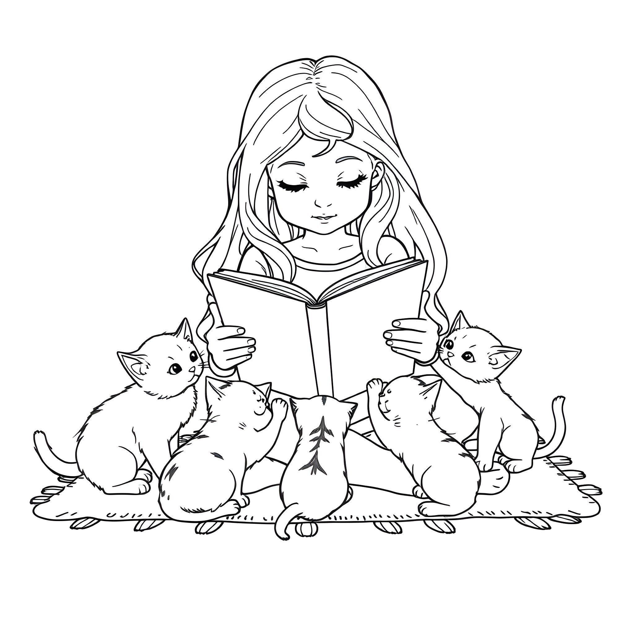 Girl reading storybook with curious kittens Coloring Page (free black-and-white line drawing printable PDF for all, from beginners to advanced learners, including children, teens, adults, and seniors)