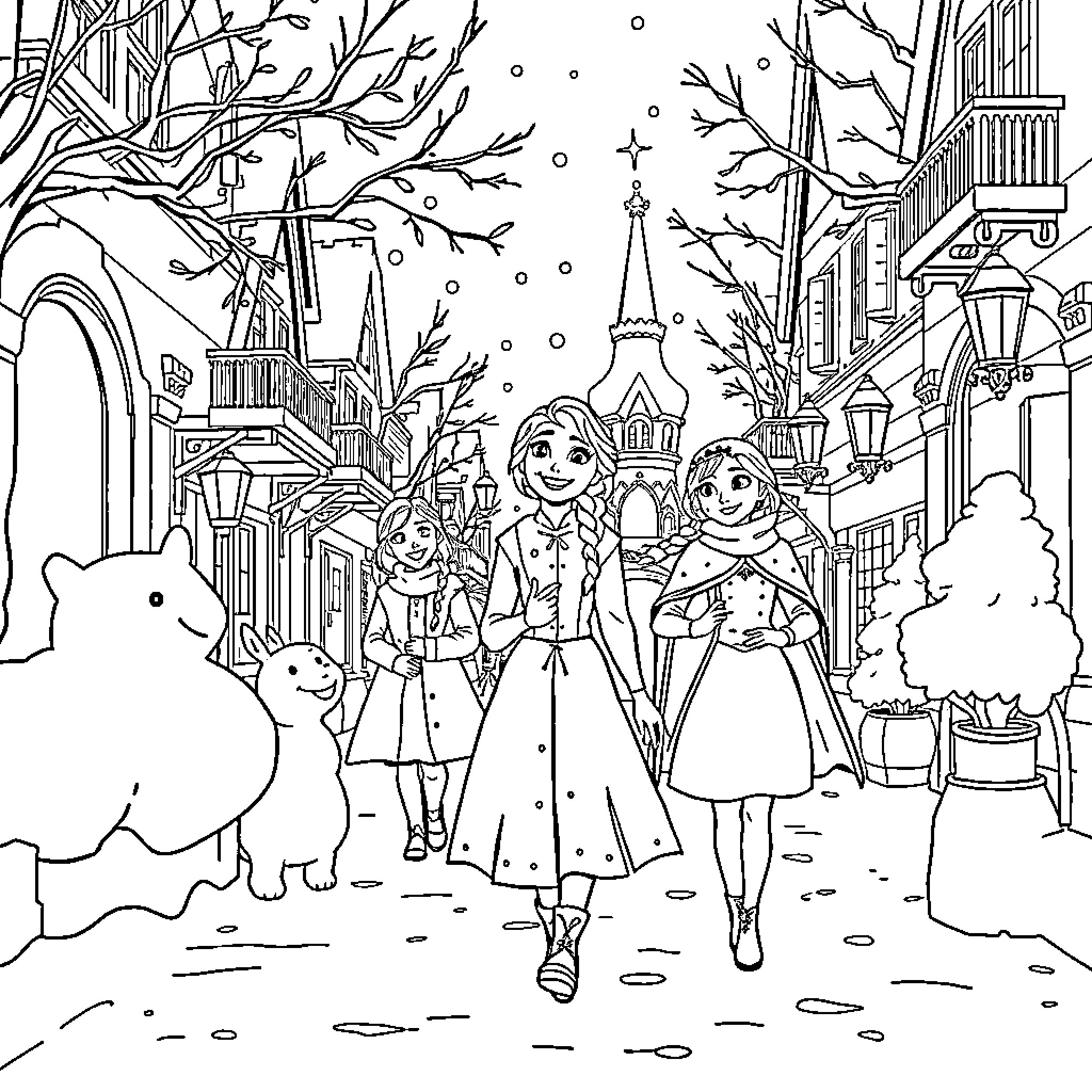 Anna's Enchanted Winter Wonderland Adventure Coloring Page (free black-and-white line drawing printable PDF for all, from beginners to advanced learners, including children, teens, adults, and seniors)