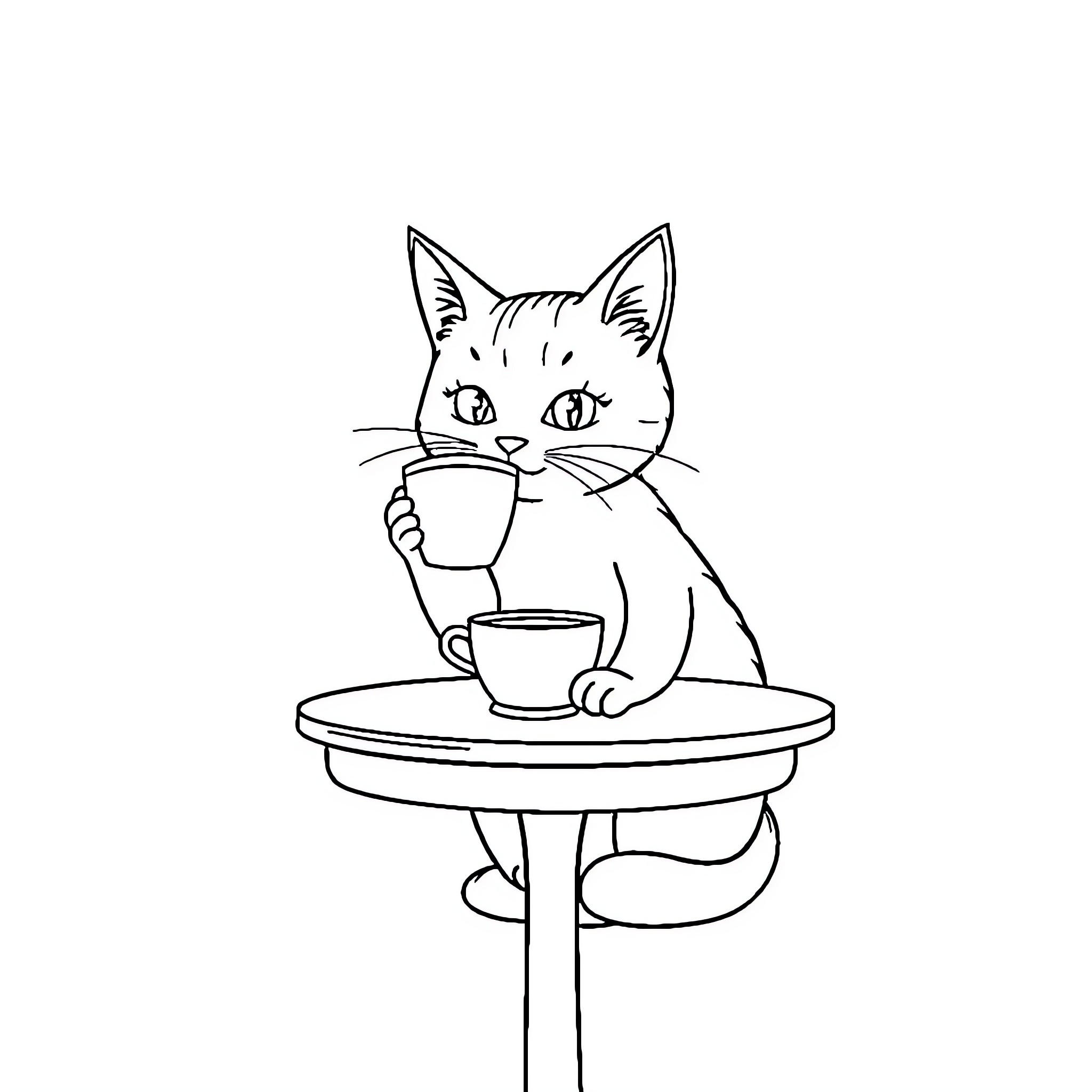 Cat enjoying a hot beverage Coloring Page (free black-and-white line drawing printable PDF for all, from beginners to advanced learners, including children, teens, adults, and seniors)