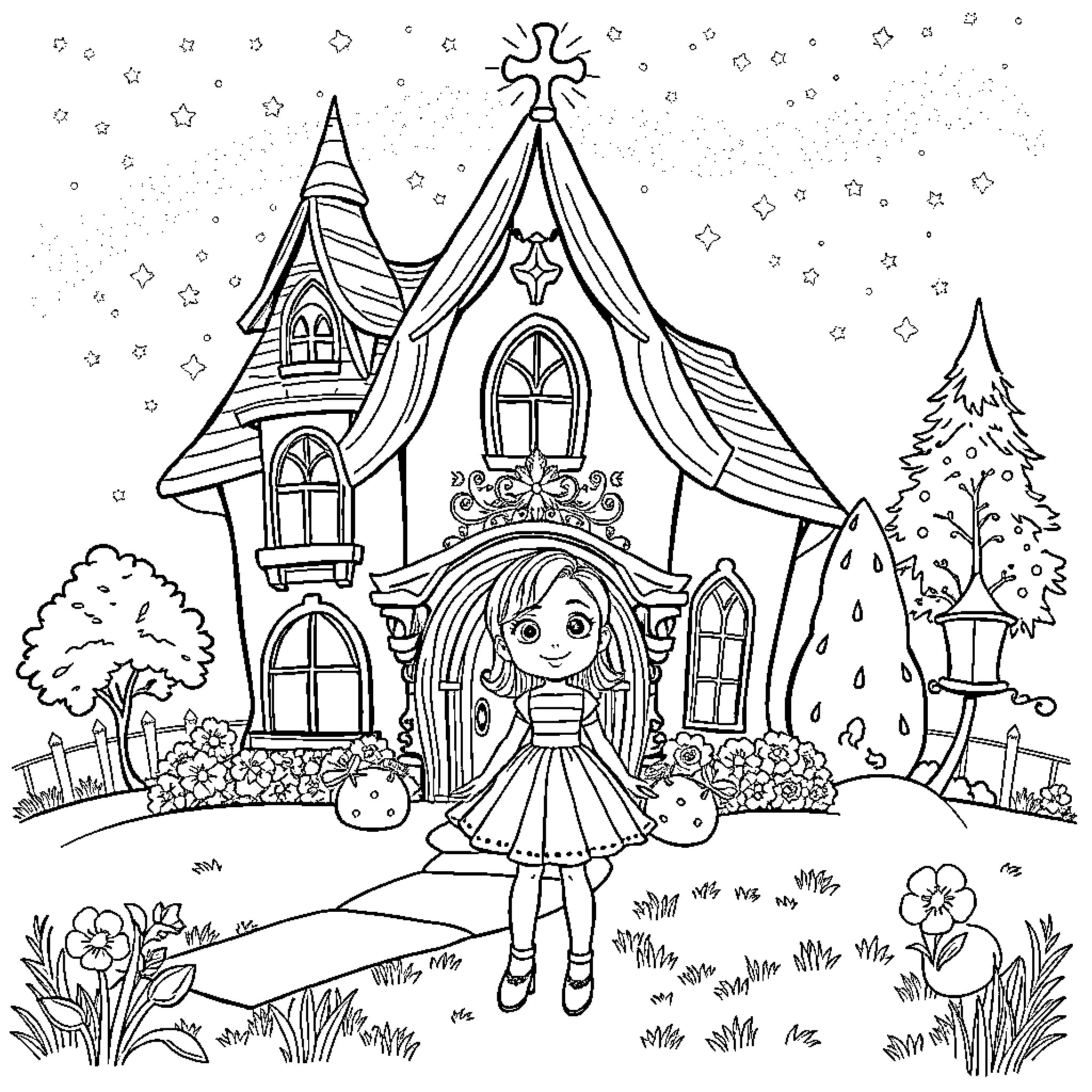 Gabby's Magical Fairy House Adventure Coloring Page (free black-and-white line drawing printable PDF for all, from beginners to advanced learners, including children, teens, adults, and seniors)