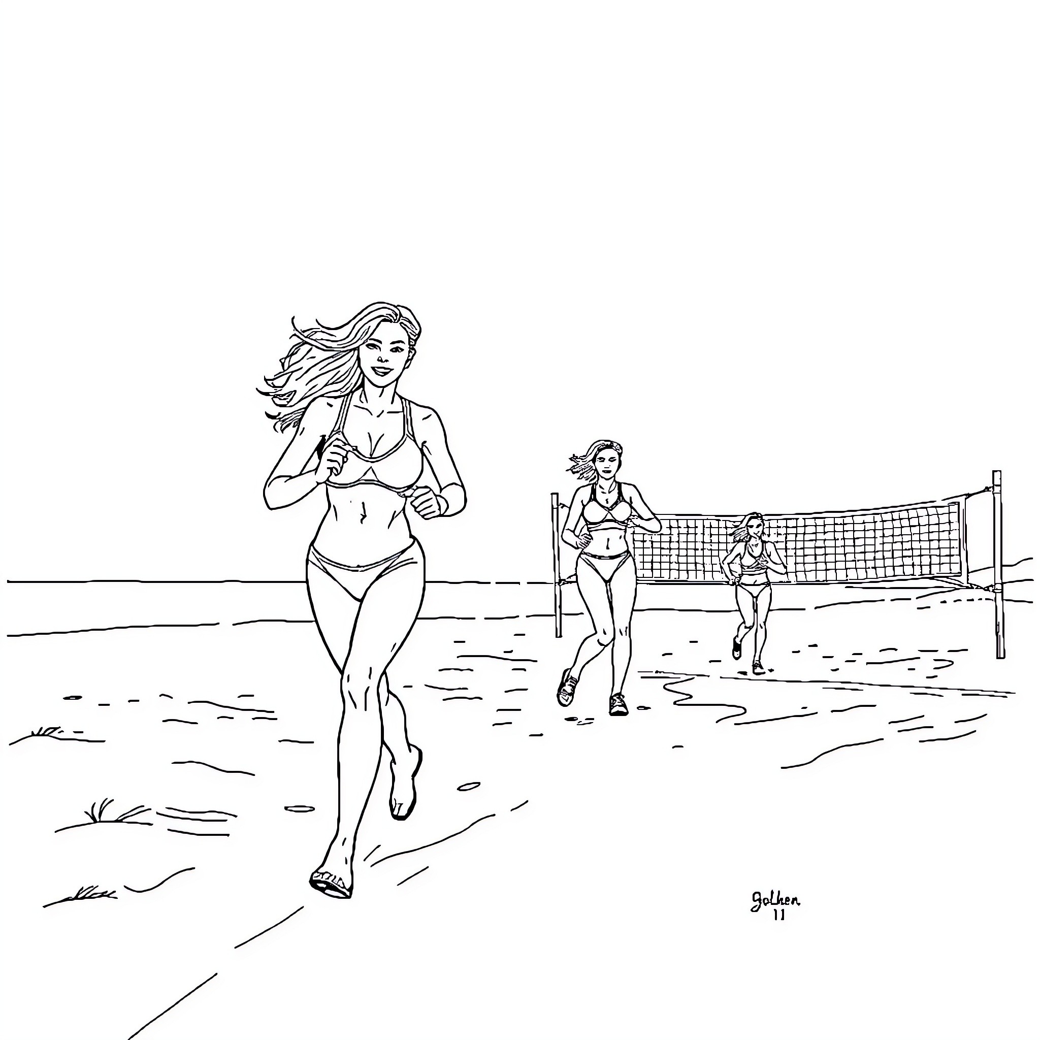 Pamela Anderson enjoying a beach volleyball game Coloring Page (free black-and-white line drawing printable PDF for all, from beginners to advanced learners, including children, teens, adults, and seniors)