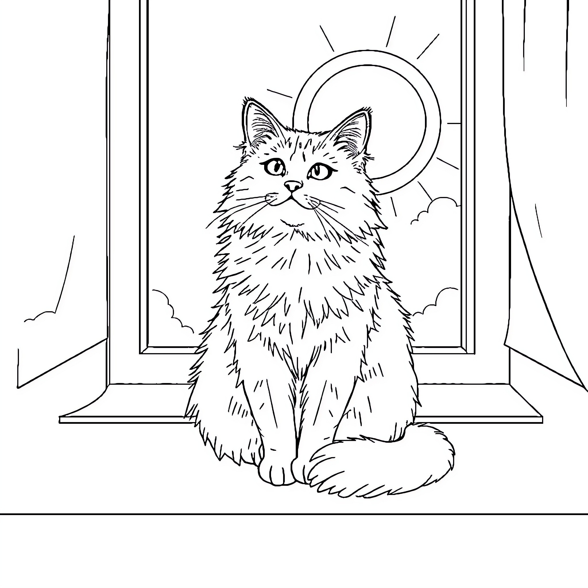 Cat enjoying the sunlight through the window Coloring Page (free black-and-white line drawing printable PDF for all, from beginners to advanced learners, including children, teens, adults, and seniors)