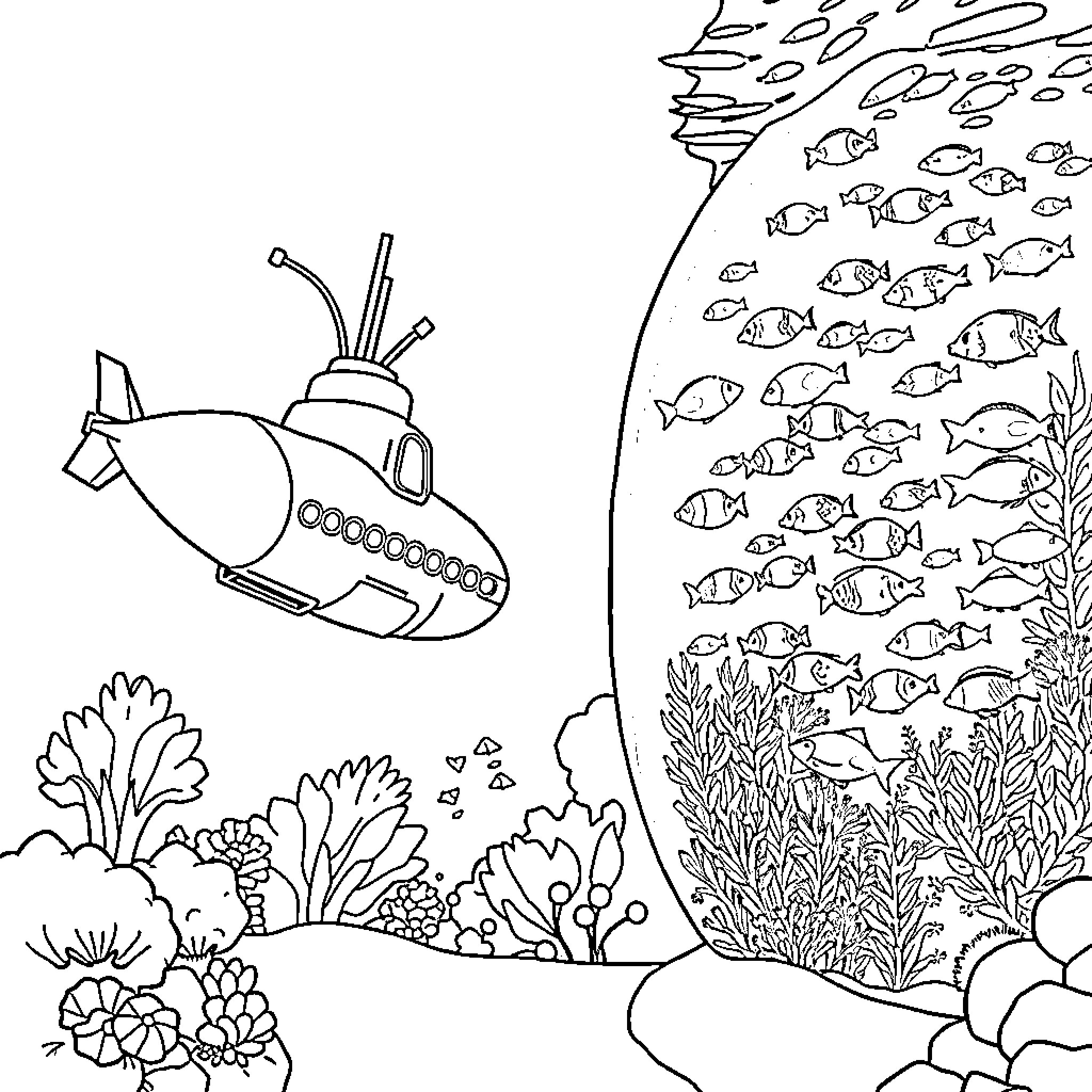 Submarine exploring underwater coral reef with schools of fish Coloring Page (free black-and-white line drawing printable PDF for all, from beginners to advanced learners, including children, teens, adults, and seniors)