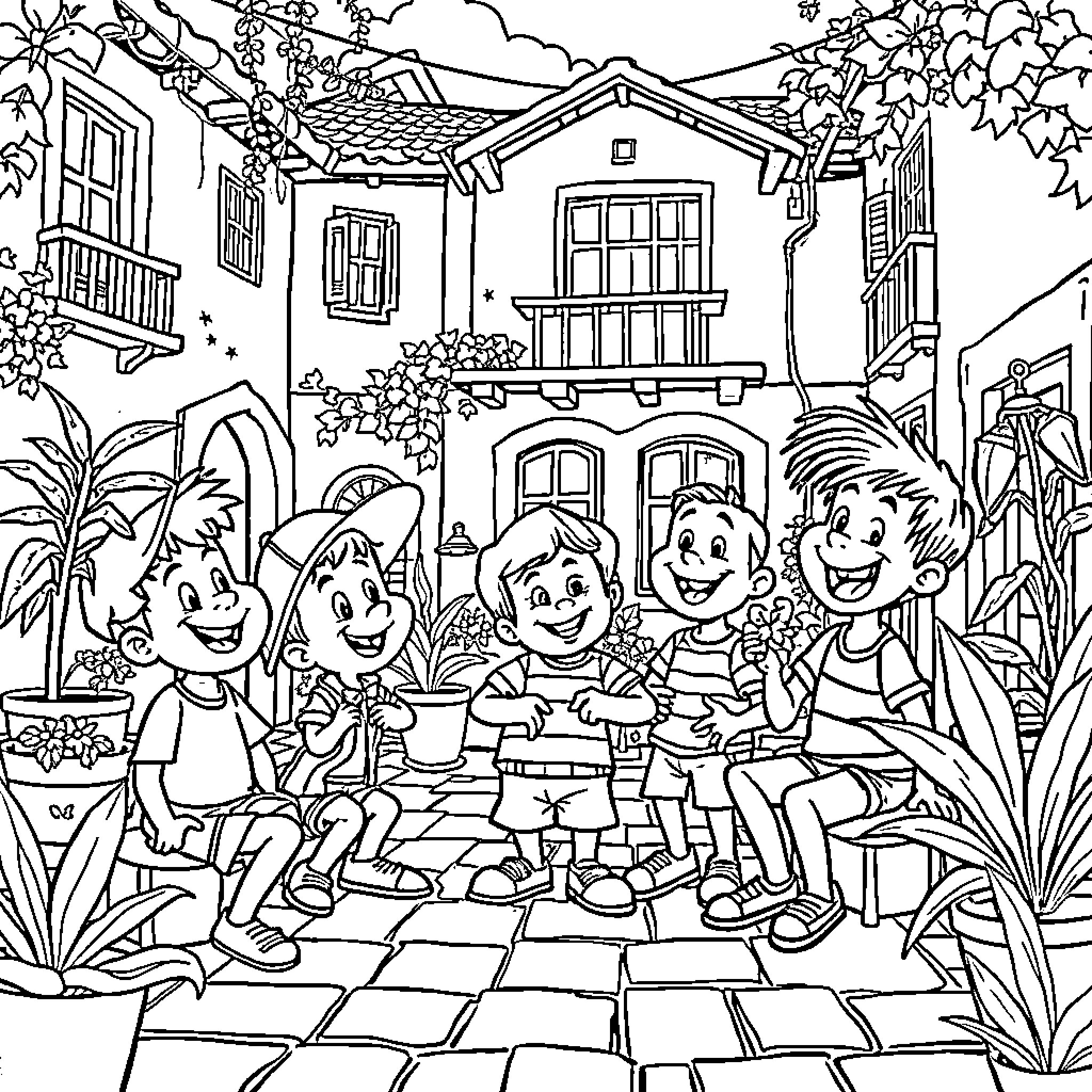 El Chavo and Friends Enjoying a Cozy Outdoor Scene Coloring Page (free black-and-white line drawing printable PDF for all, from beginners to advanced learners, including children, teens, adults, and seniors)