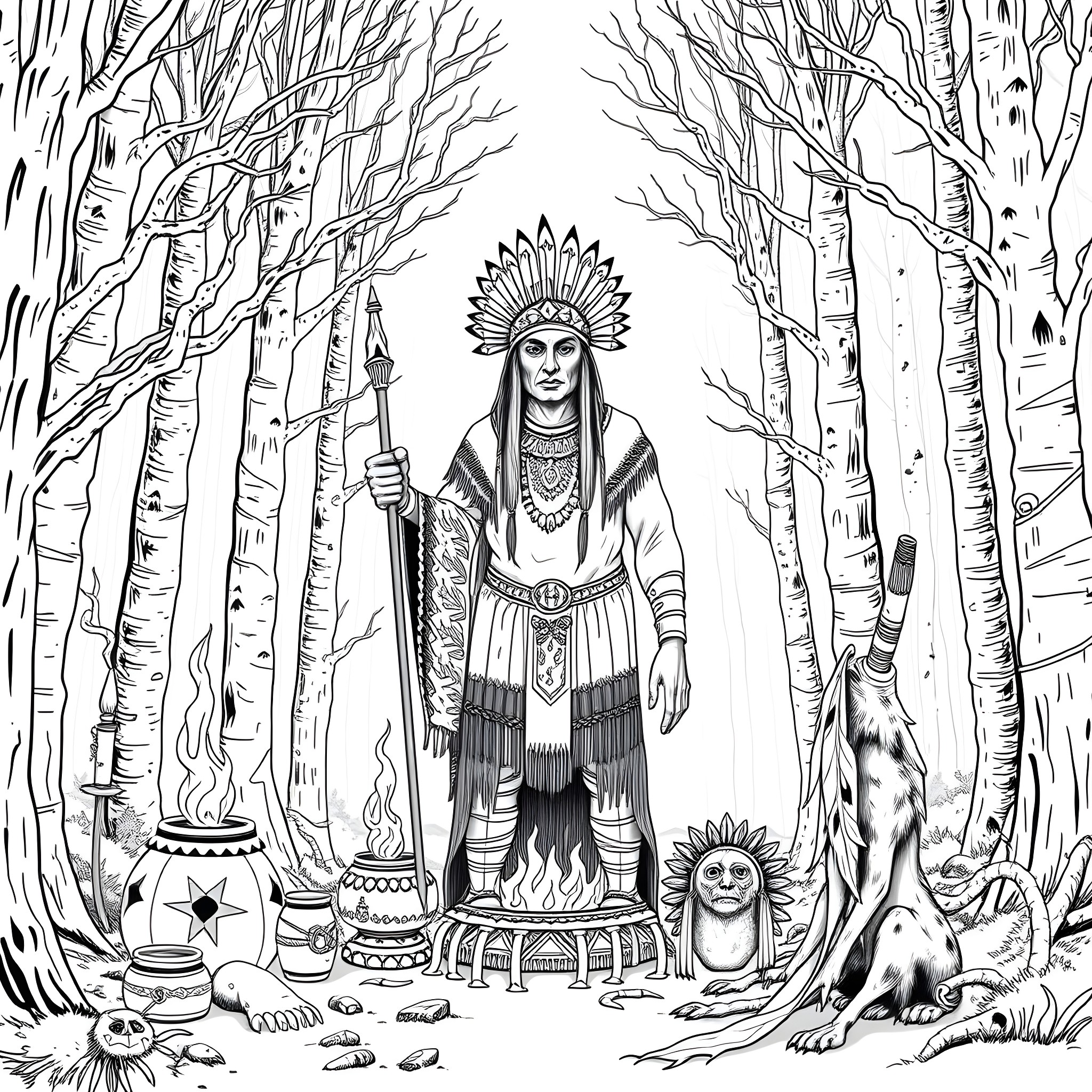 Shaman Performing Ritual in the Mystic Forest Coloring Page (free black-and-white line drawing printable PDF for all, from beginners to advanced learners, including children, teens, adults, and seniors)