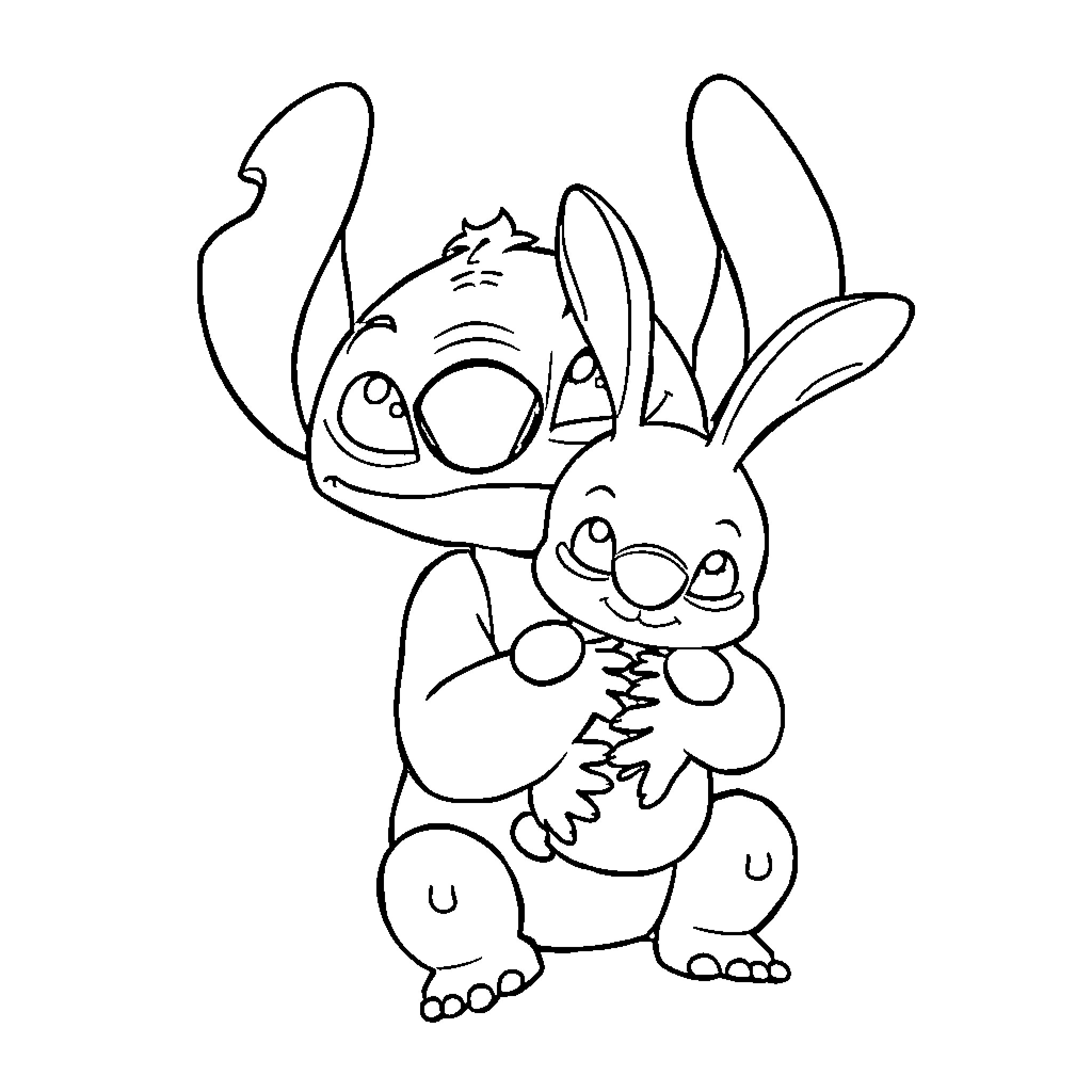 Stitch and Experiment 626 Embracing Playfully Coloring Page (free black-and-white line drawing printable PDF for all, from beginners to advanced learners, including children, teens, adults, and seniors)