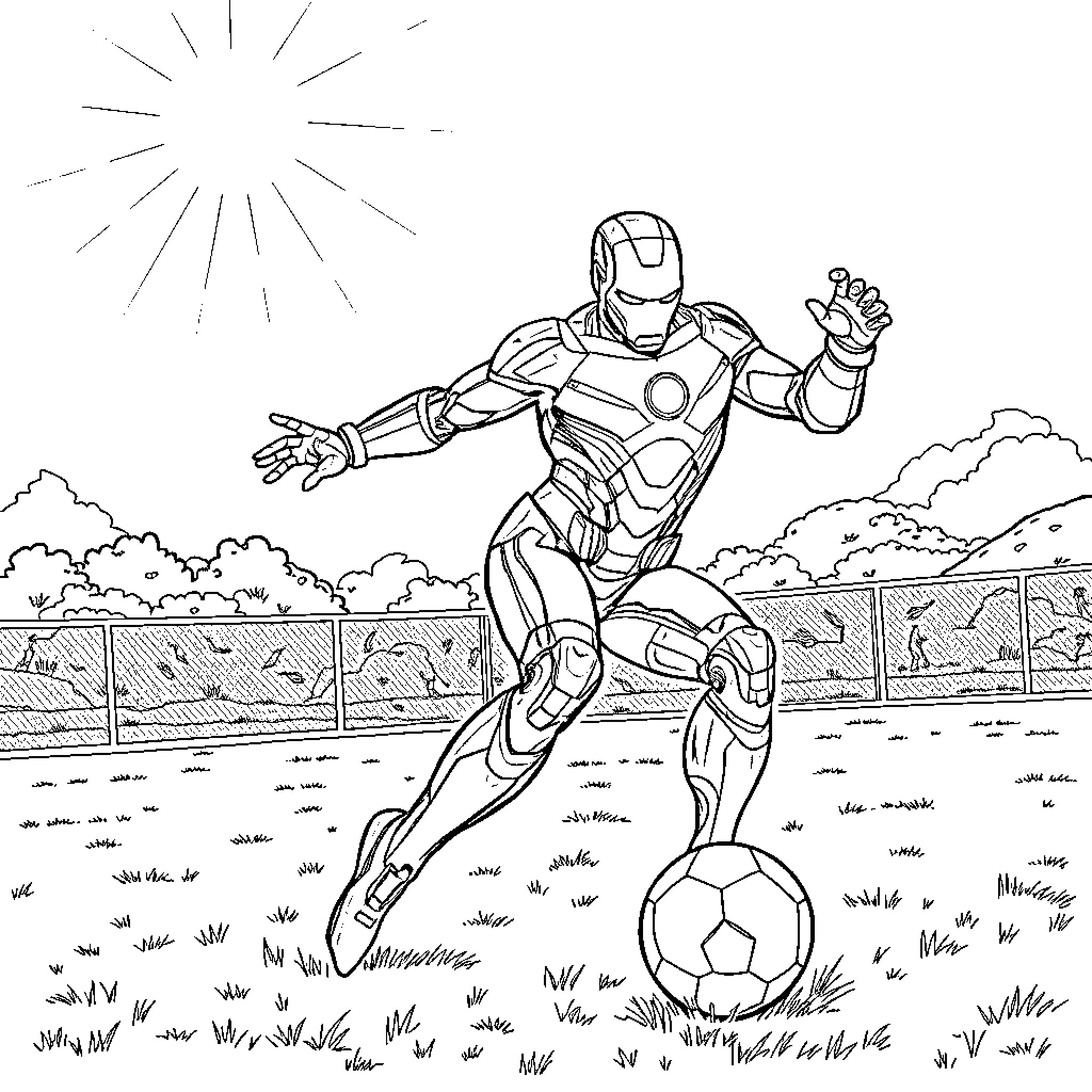 Ironman playing soccer in an outdoor field Coloring Page (free black-and-white line drawing printable PDF for all, from beginners to advanced learners, including children, teens, adults, and seniors)